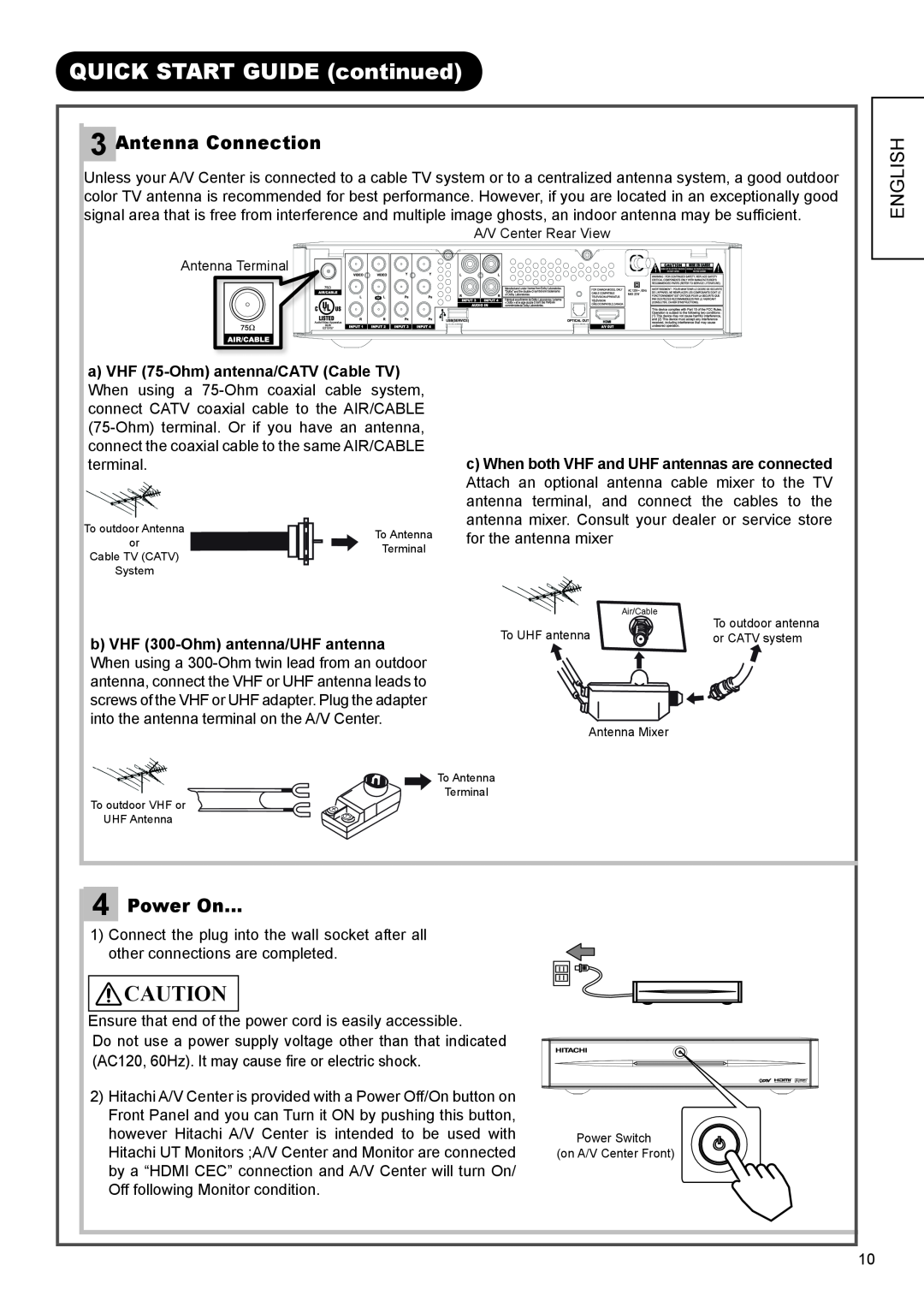 Hitachi AVC01U manual QUICK START GUIDE continued, Antenna Connection, English, Power On 