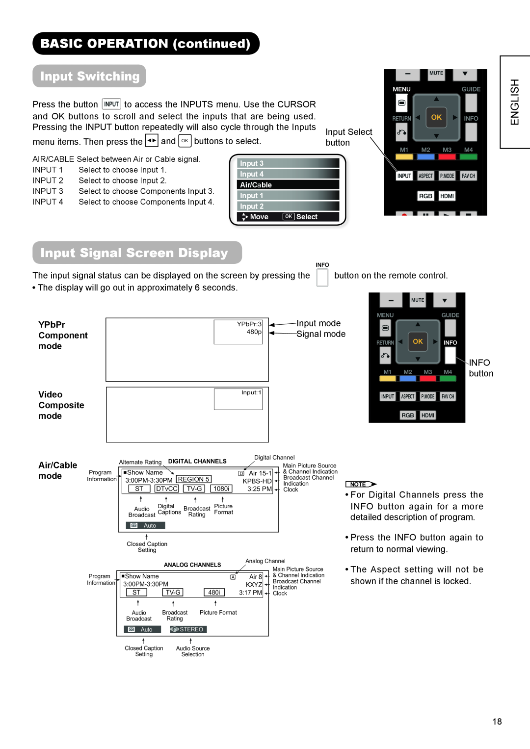 Hitachi AVC01U manual English, YPbPr, Input mode, Component, Signal mode, Info, button, Video, Composite, Air/Cable 