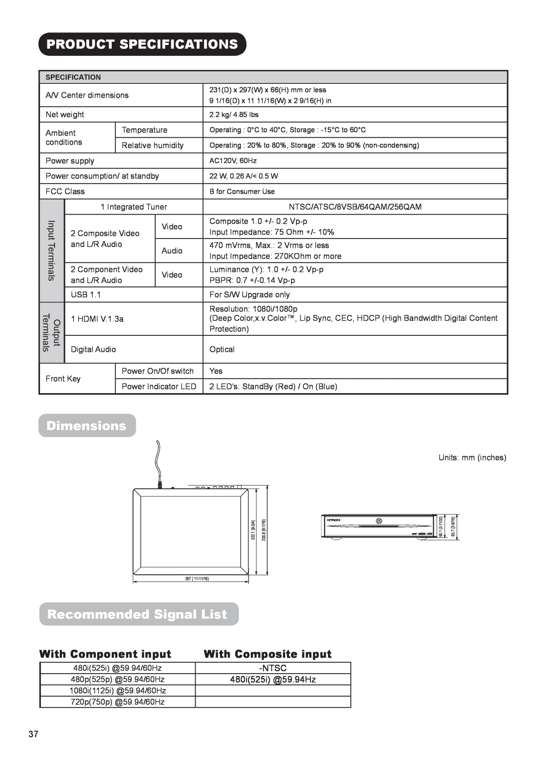 Hitachi AVC01U Product Specifications, Dimensions, Recommended Signal List, With Component input, With Composite input 