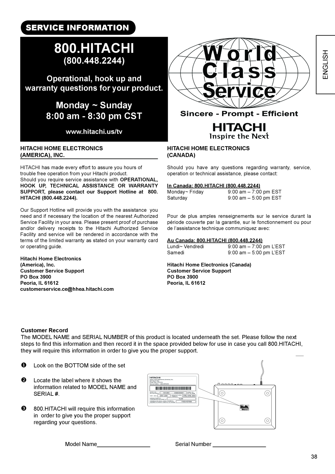 Hitachi AVC01U manual 800.448.2244, Monday ~ Sunday 8 00 am - 8 30 pm CST, English, Hitachi Home Electronics Canada 