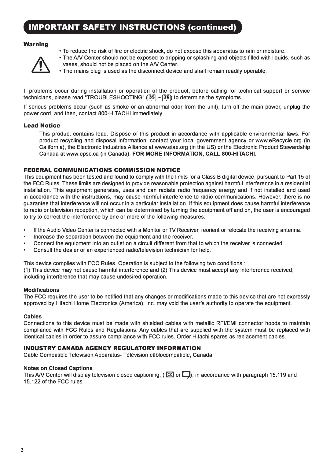 Hitachi AVC01U Lead Notice, Federal Communications Commission Notice, Modifications, Cables, Notes on Closed Captions 