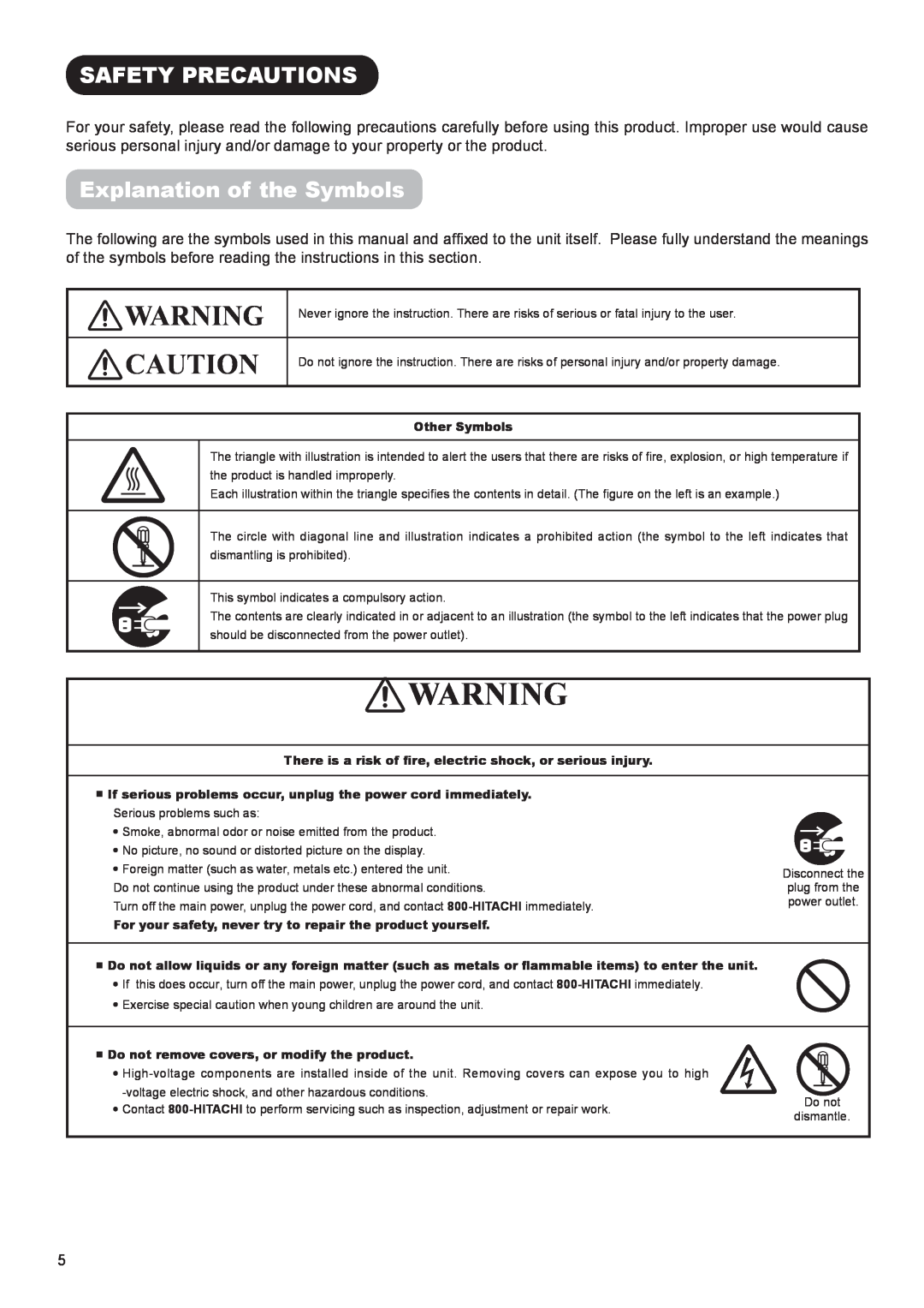 Hitachi AVC01U manual Safety Precautions, Explanation of the Symbols 