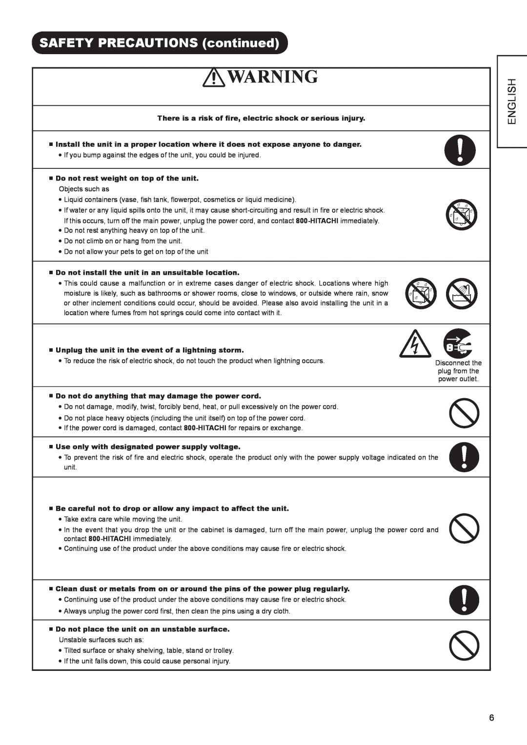 Hitachi AVC01U manual SAFETY PRECAUTIONS continued, English 