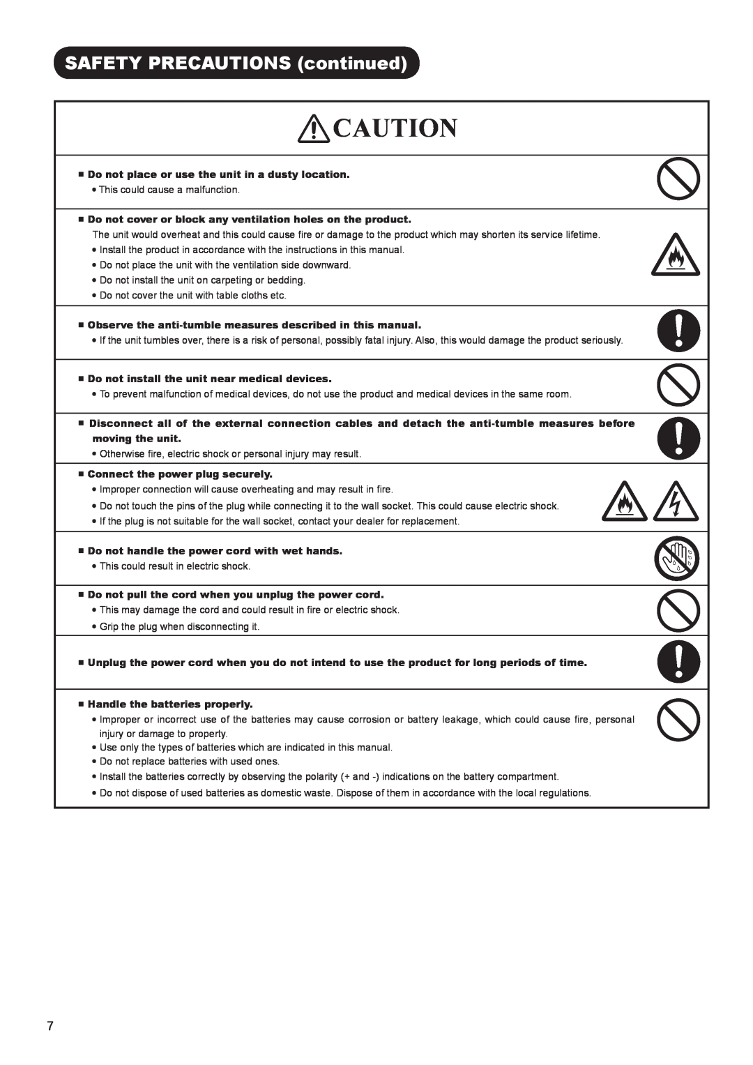 Hitachi AVC01U manual Do not place or use the unit in a dusty location 