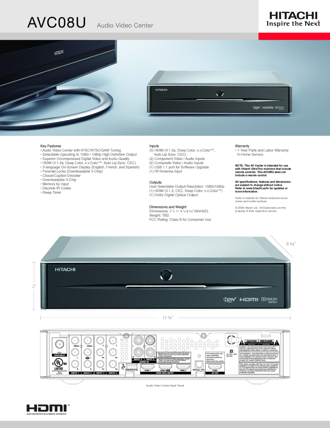 Hitachi manual AVC08U Audio Video Center 