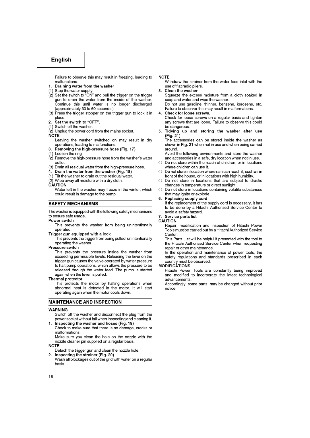 Hitachi AW 100 manual Safety Mechanisms, Maintenance and Inspection 