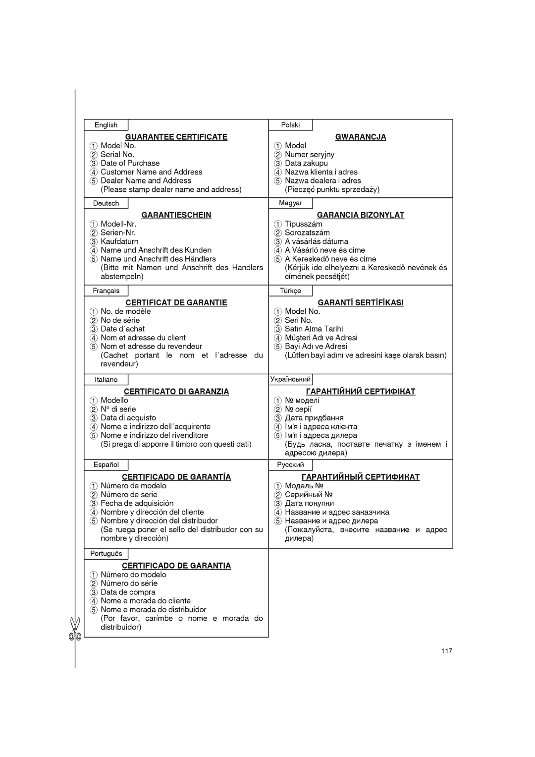 Hitachi AW 100 manual Guarantee Certificate, Gwarancja, Garantieschein, Garancia Bizonylat, Certificat DE Garantie 