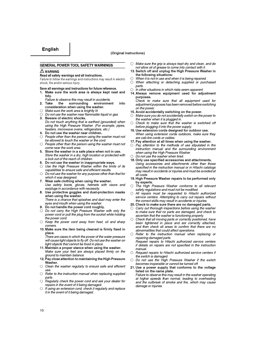 Hitachi AW 100 manual General Power Tool Safety Warnings 