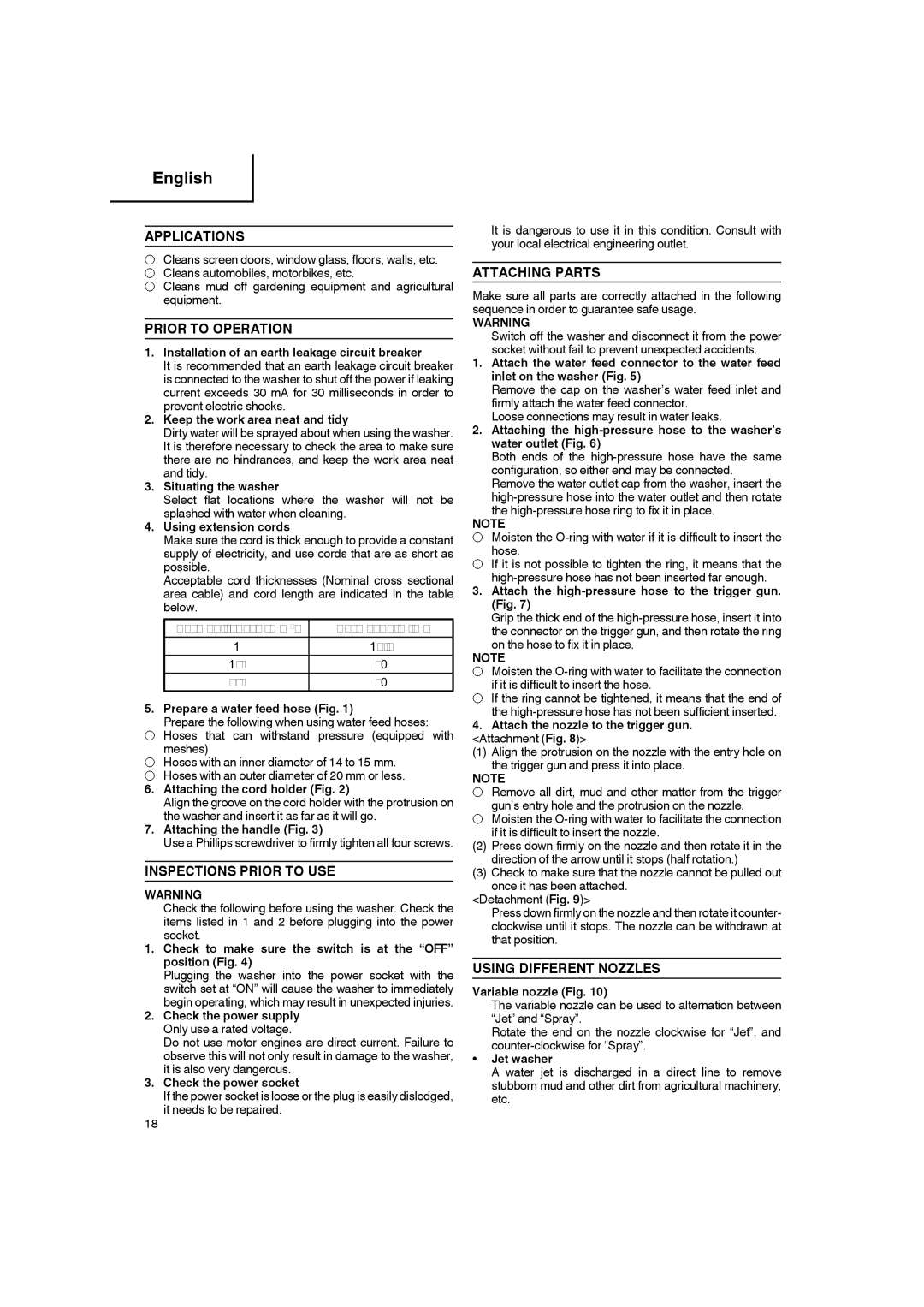 Hitachi AW 130 manual Applications, Prior to Operation, Inspections Prior to USE, Attaching Parts, Using Different Nozzles 