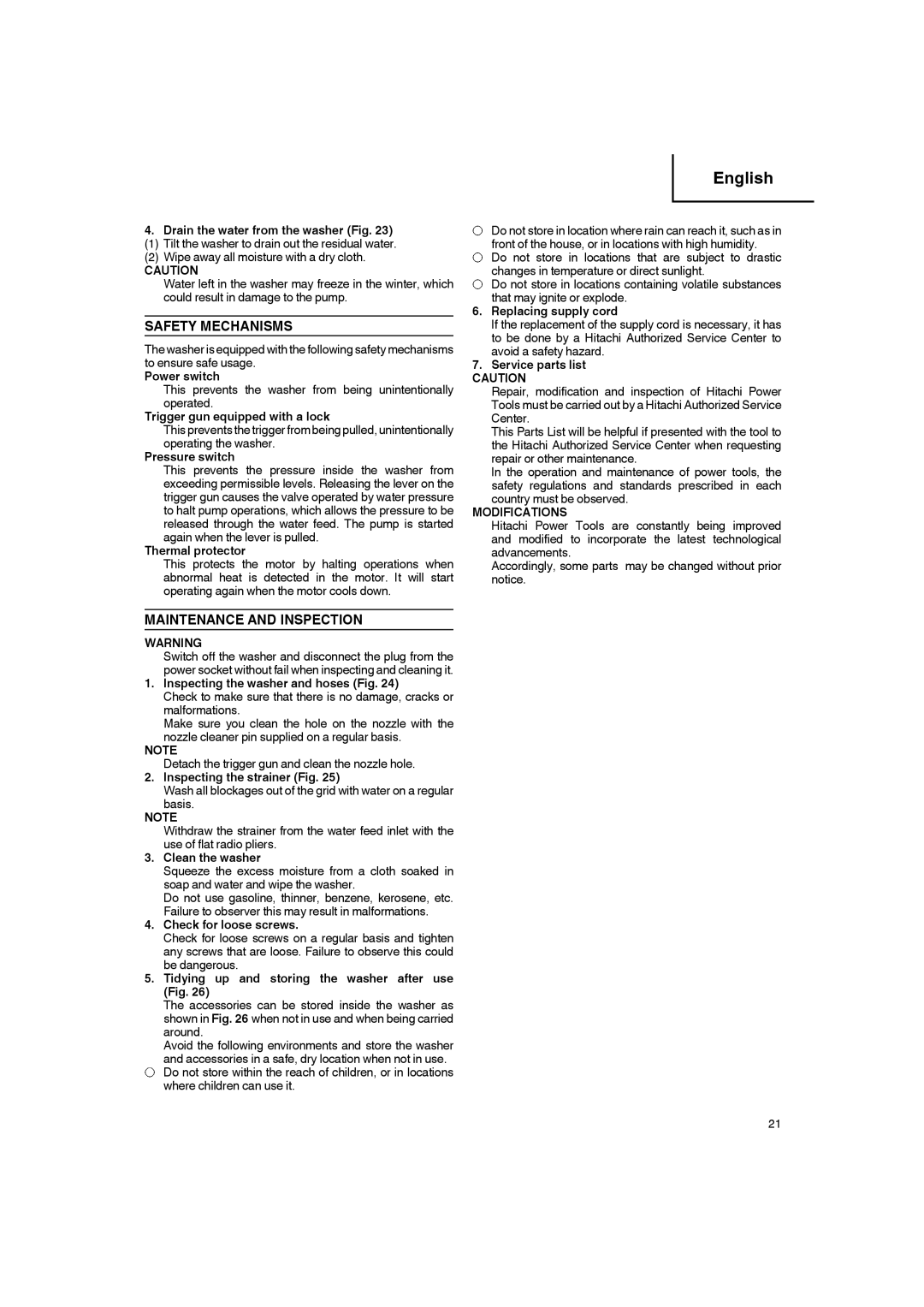 Hitachi AW 130 manual Safety Mechanisms, Maintenance and Inspection 