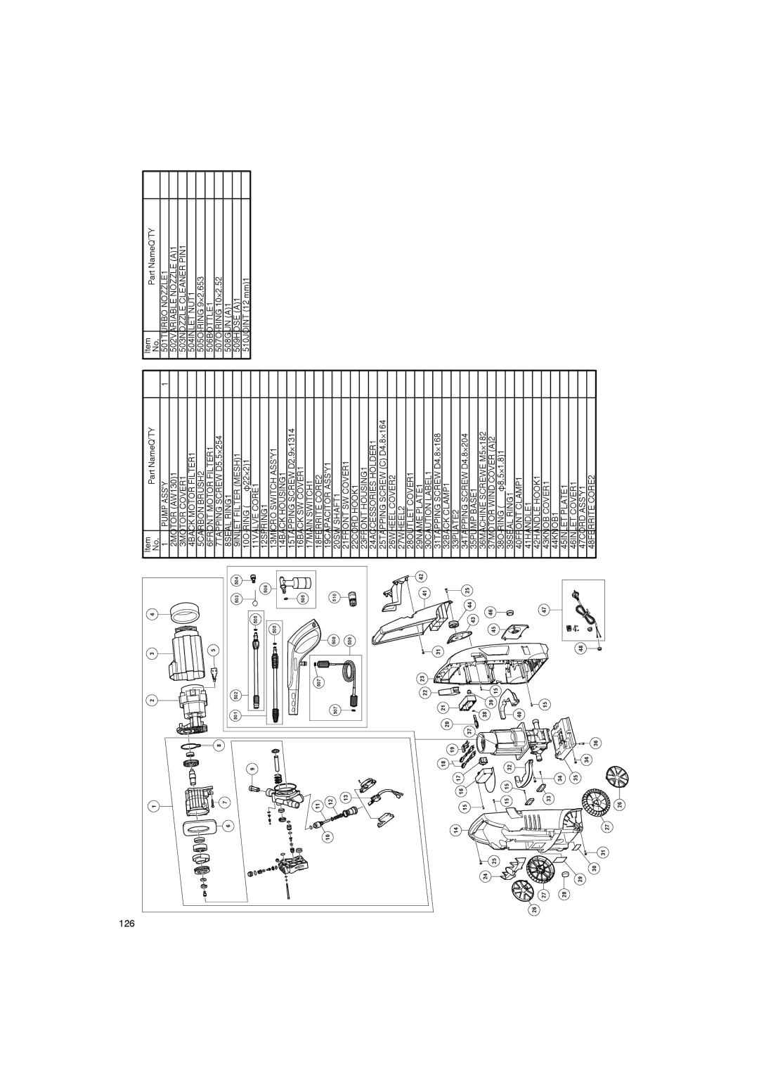 Hitachi AW 130 manual 126, 39SEAL RING1 40FRONT CLAMP1 