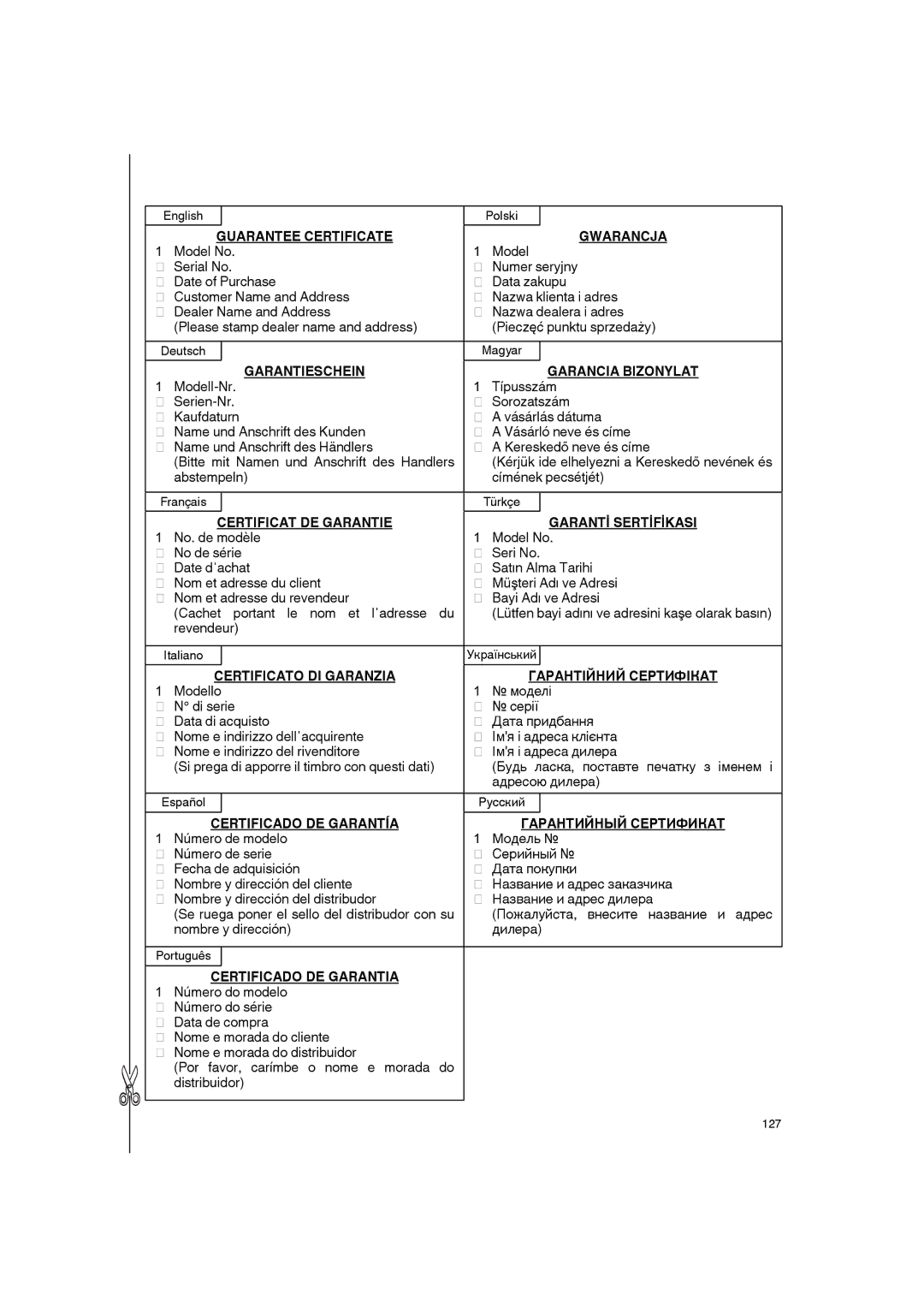 Hitachi AW 130 manual Guarantee Certificate, Gwarancja, Garantieschein, Garancia Bizonylat, Certificat DE Garantie 