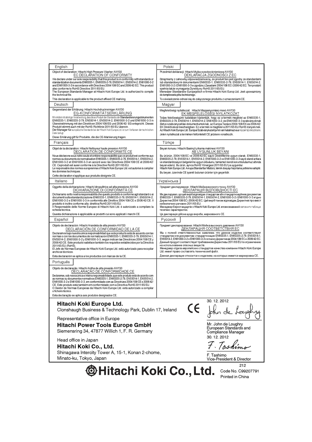 Hitachi AW 130 manual European Standards, Mr. John de Loughry, Compliance Manager, Tashimo, Vice-President & Director 