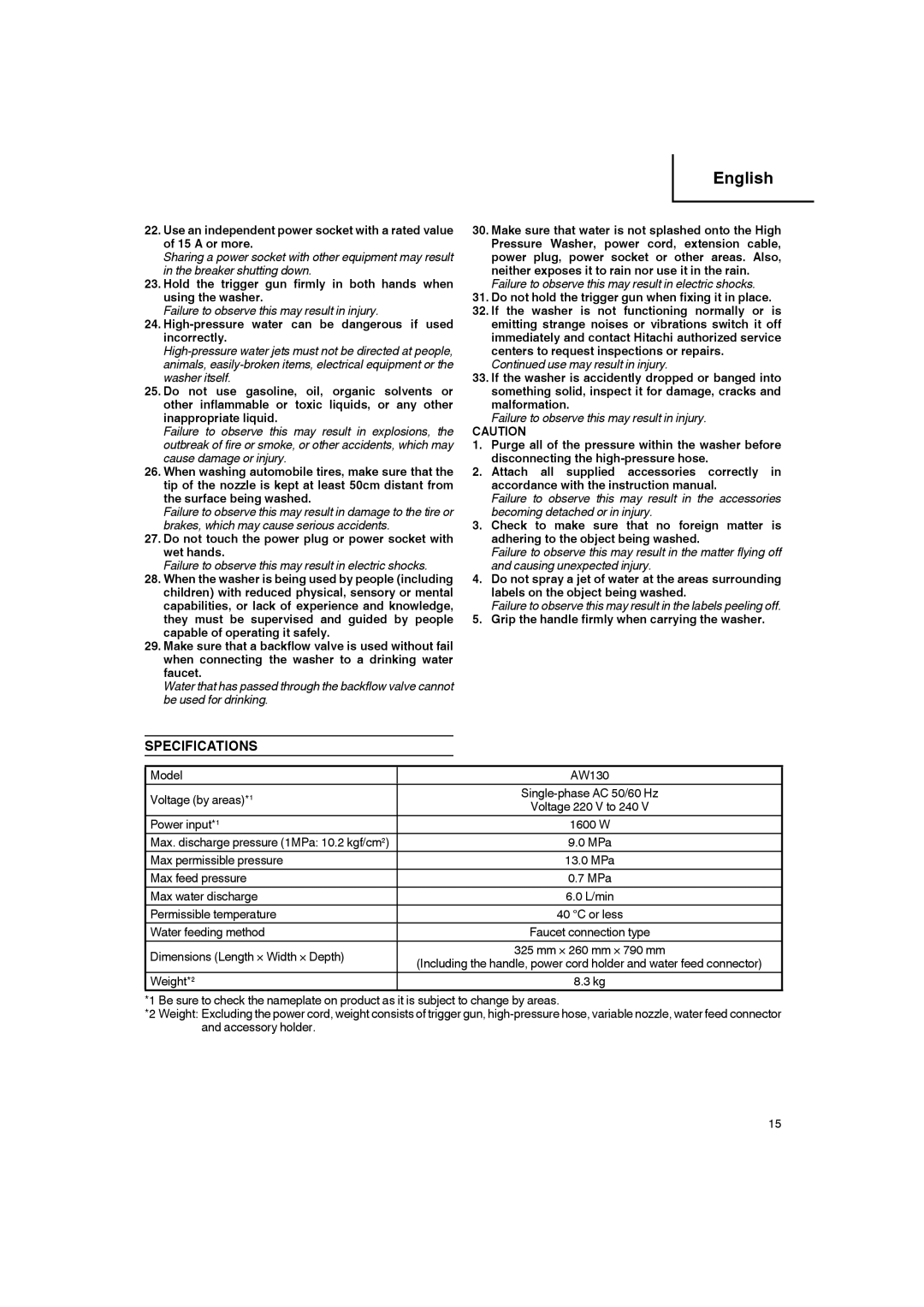 Hitachi AW 130 manual Specifications 