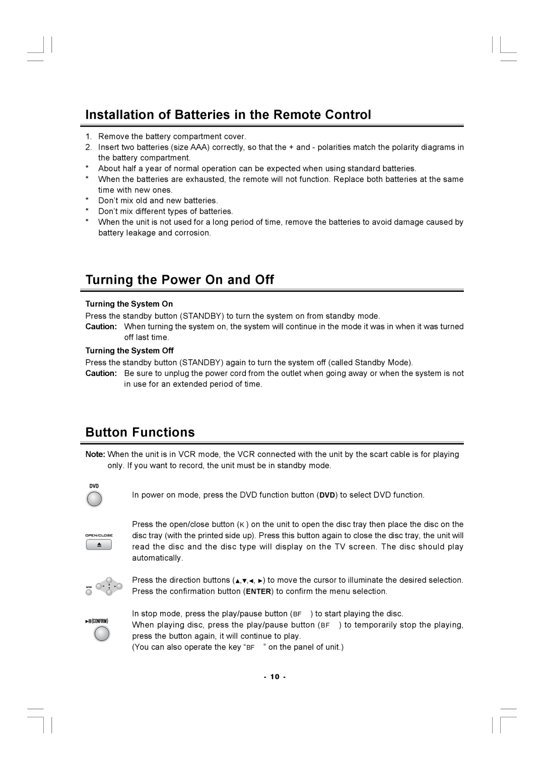 Hitachi AX-M140 manual Installation of Batteries in the Remote Control, Turning the Power On and Off, Button Functions 