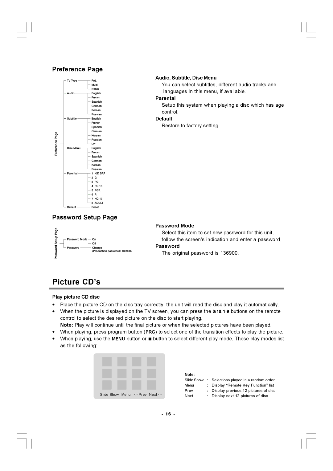 Hitachi AX-M140 manual Picture CD’s, Preference, Password Setup 