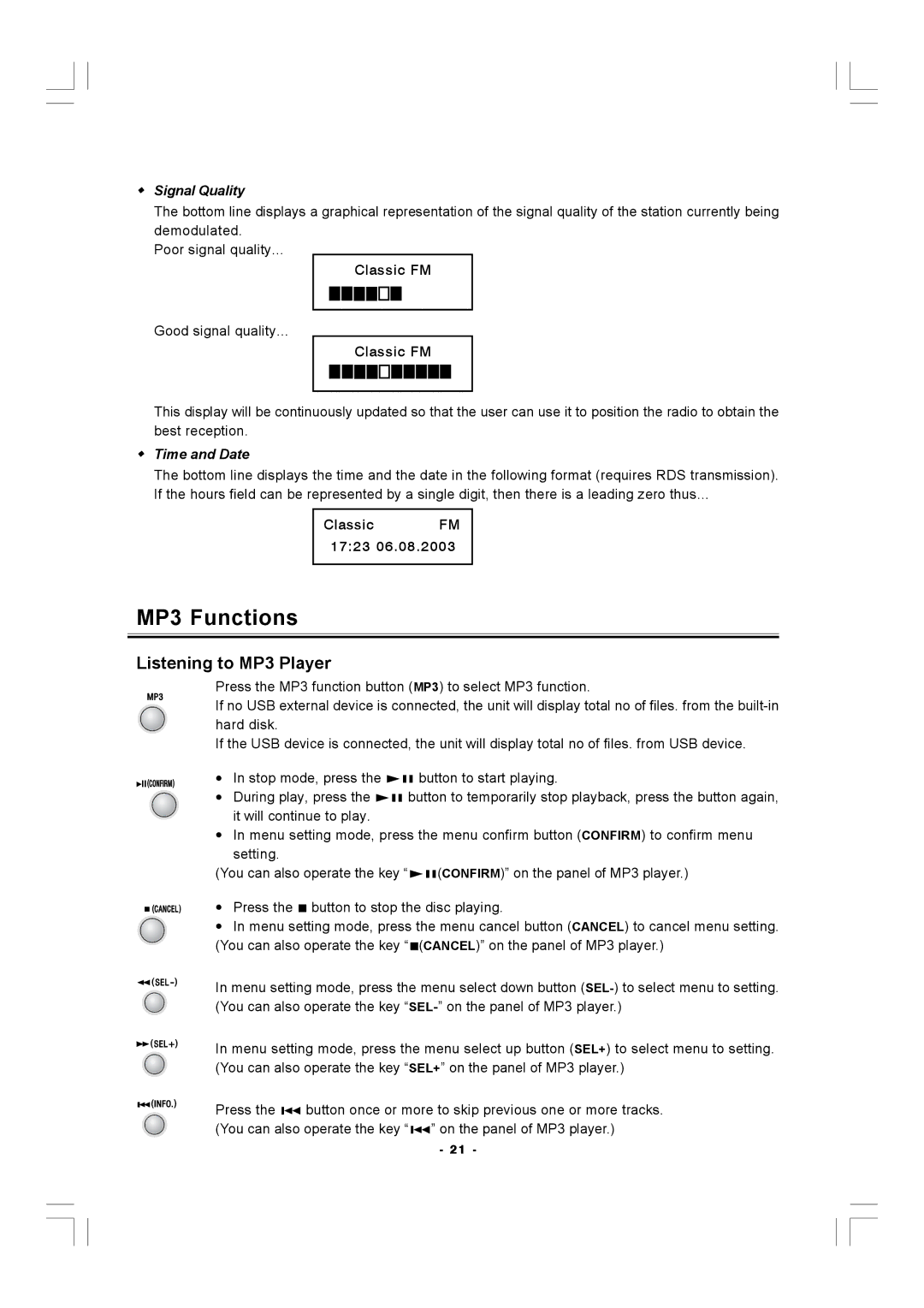 Hitachi AX-M140 manual MP3 Functions, Listening to MP3 Player 