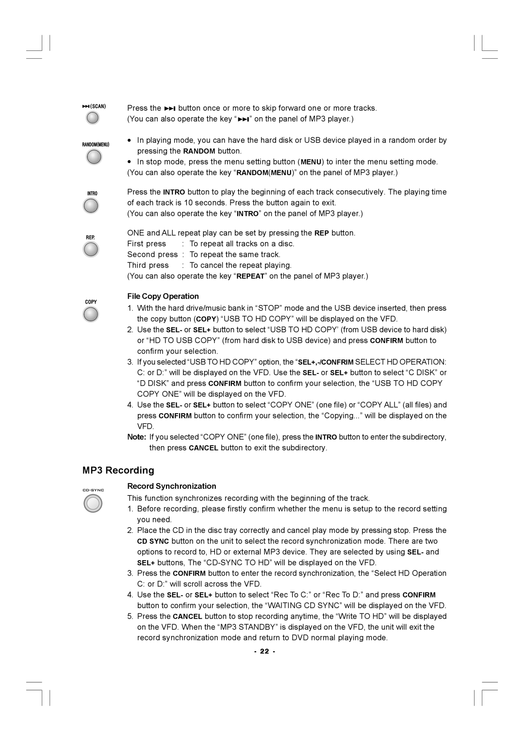 Hitachi AX-M140 manual MP3 Recording, Vfd 