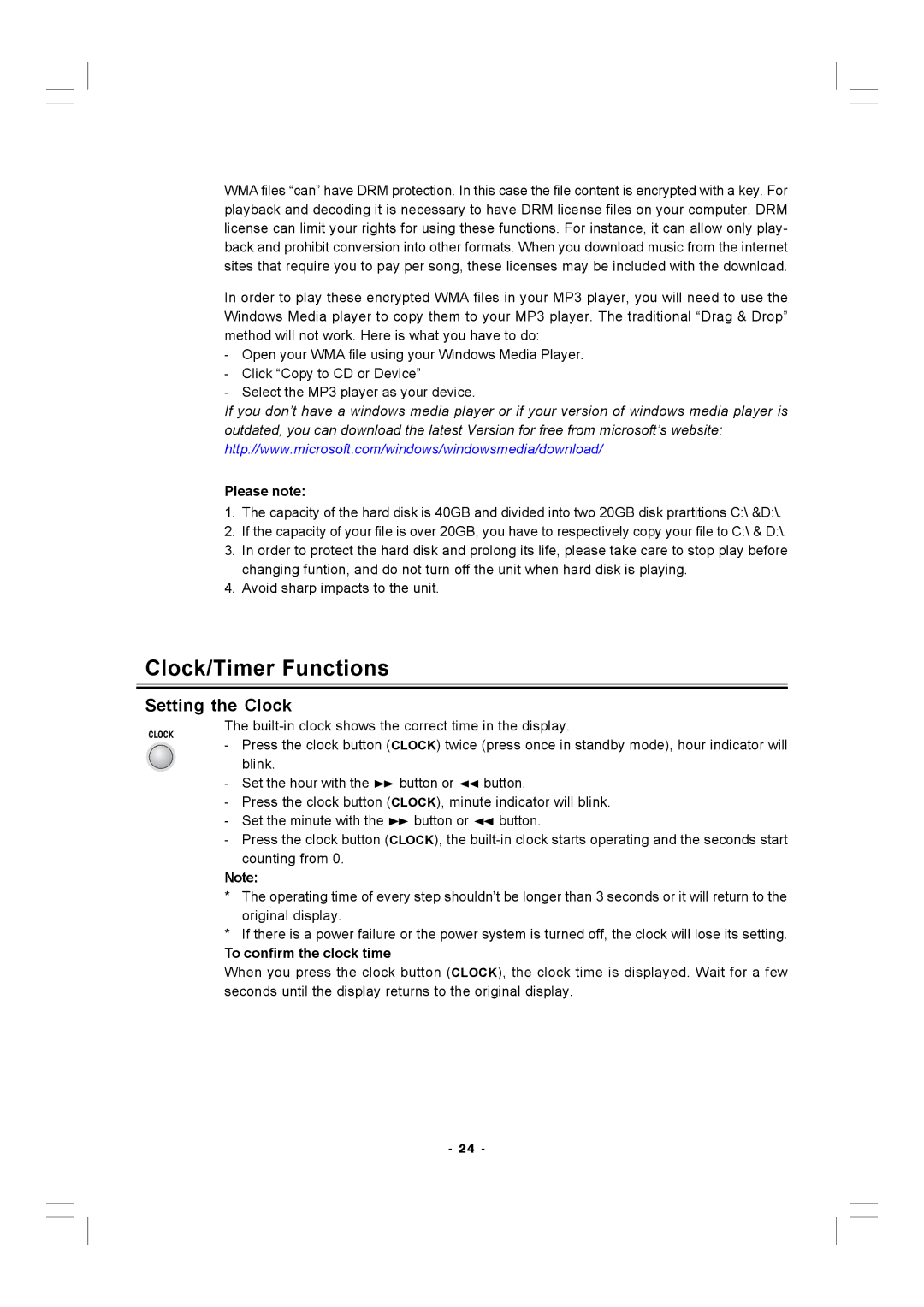 Hitachi AX-M140 manual Clock/Timer Functions, Setting the Clock 