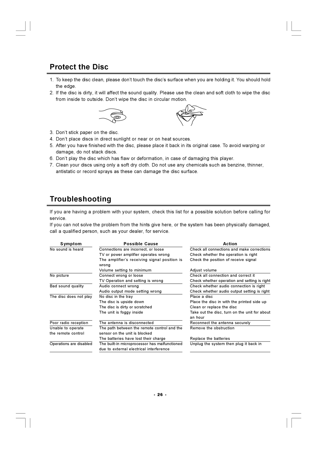 Hitachi AX-M140 manual Protect the Disc, Troubleshooting 