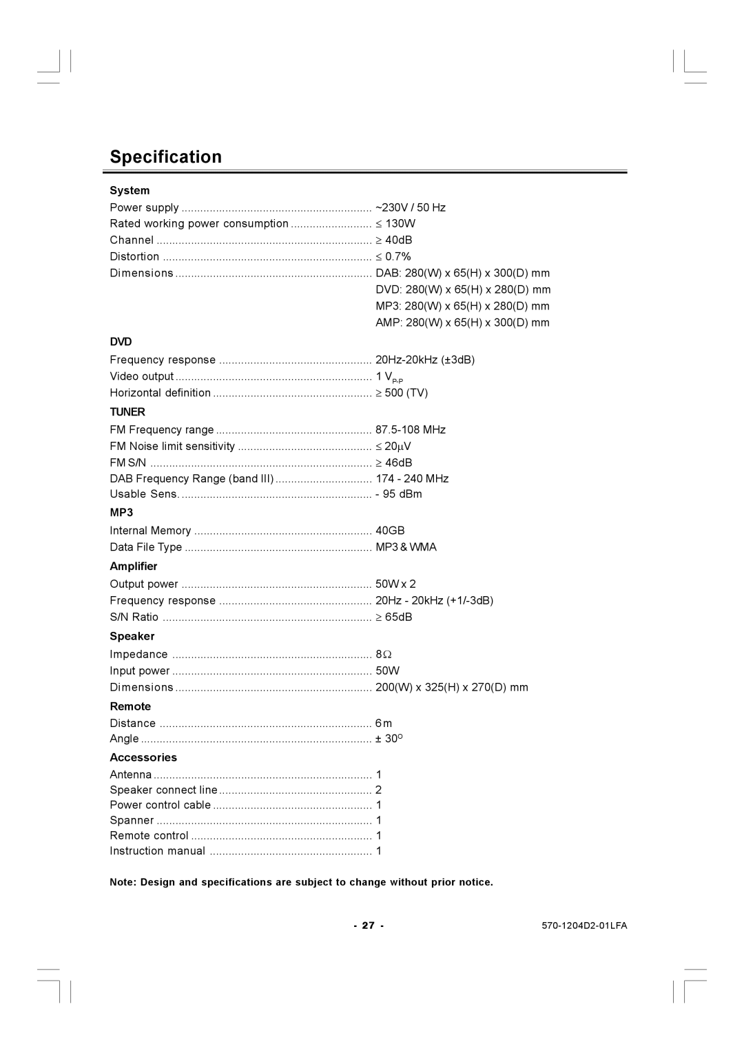 Hitachi AX-M140 manual Specification, Dvd, Tuner, Fm S/N, MP3 & WMA 