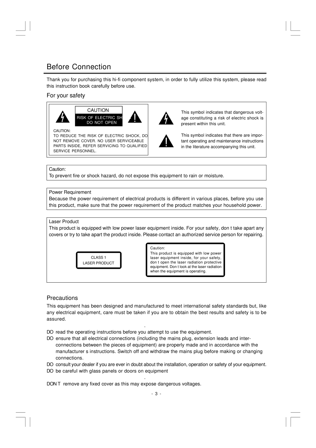 Hitachi AX-M140 manual Before Connection, For your safety, Precautions 