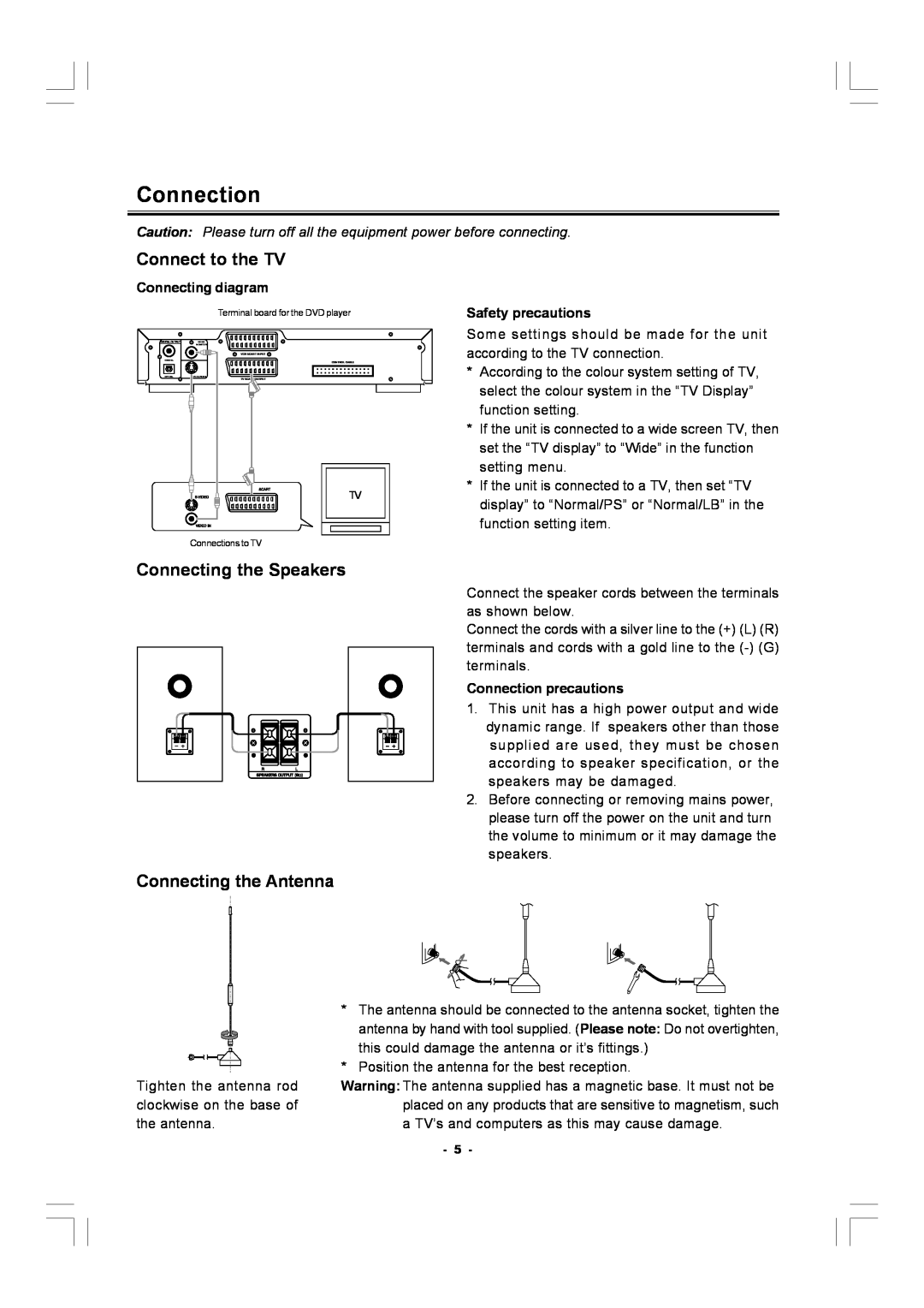 Hitachi AX-M140 manual Connection, Connect to the TV, Connecting the Speakers, Connecting the Antenna 