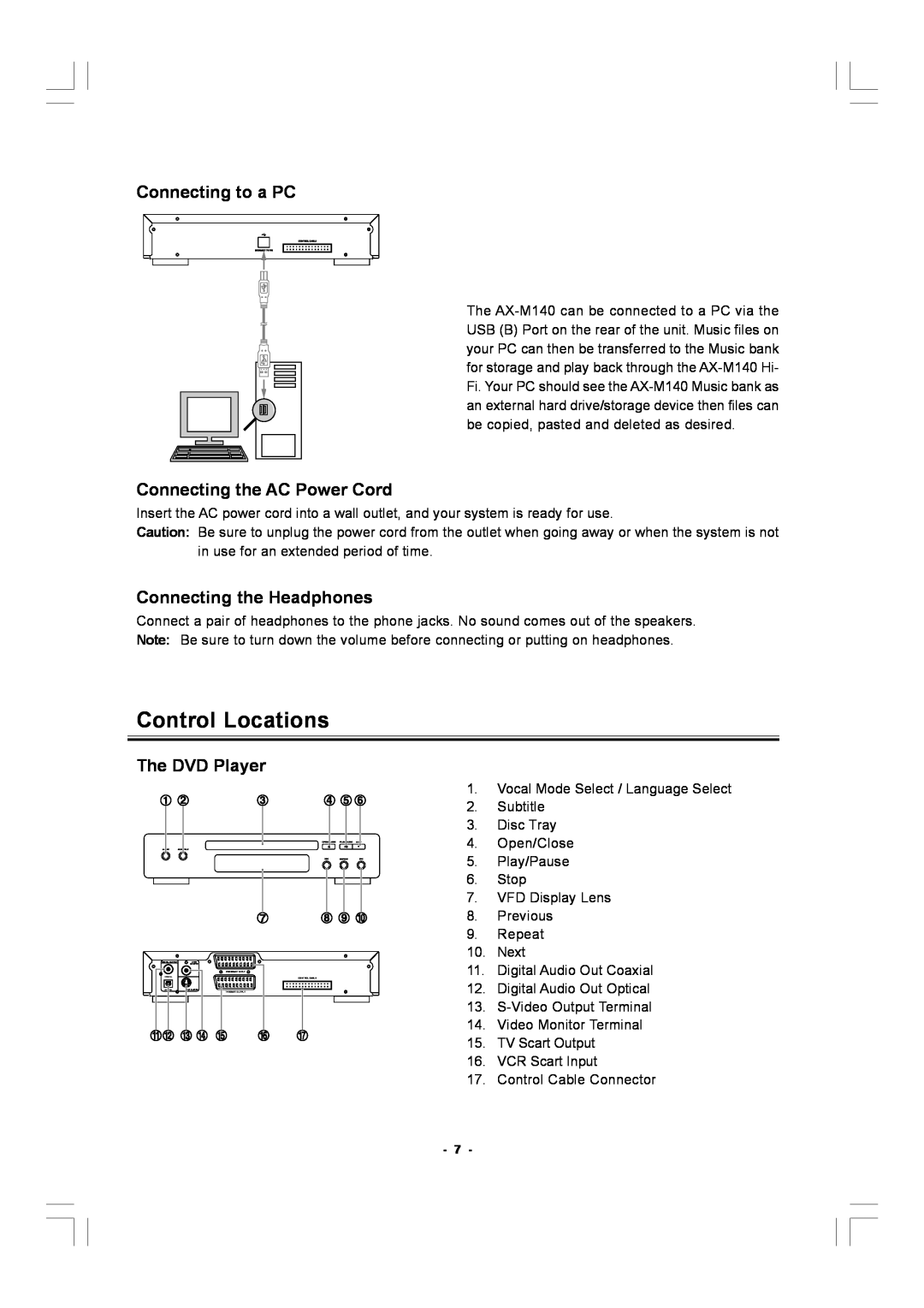 Hitachi AX-M140 manual Control Locations, Connecting to a PC, Connecting the AC Power Cord, Connecting the Headphones 