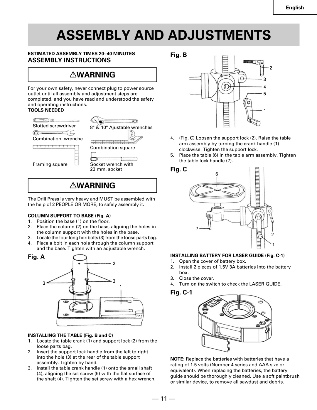 Hitachi B 16RM Assembly and Adjustments, Assembly Instructions, Estimated Assembly Times 20~40 Minutes, Tools Needed 