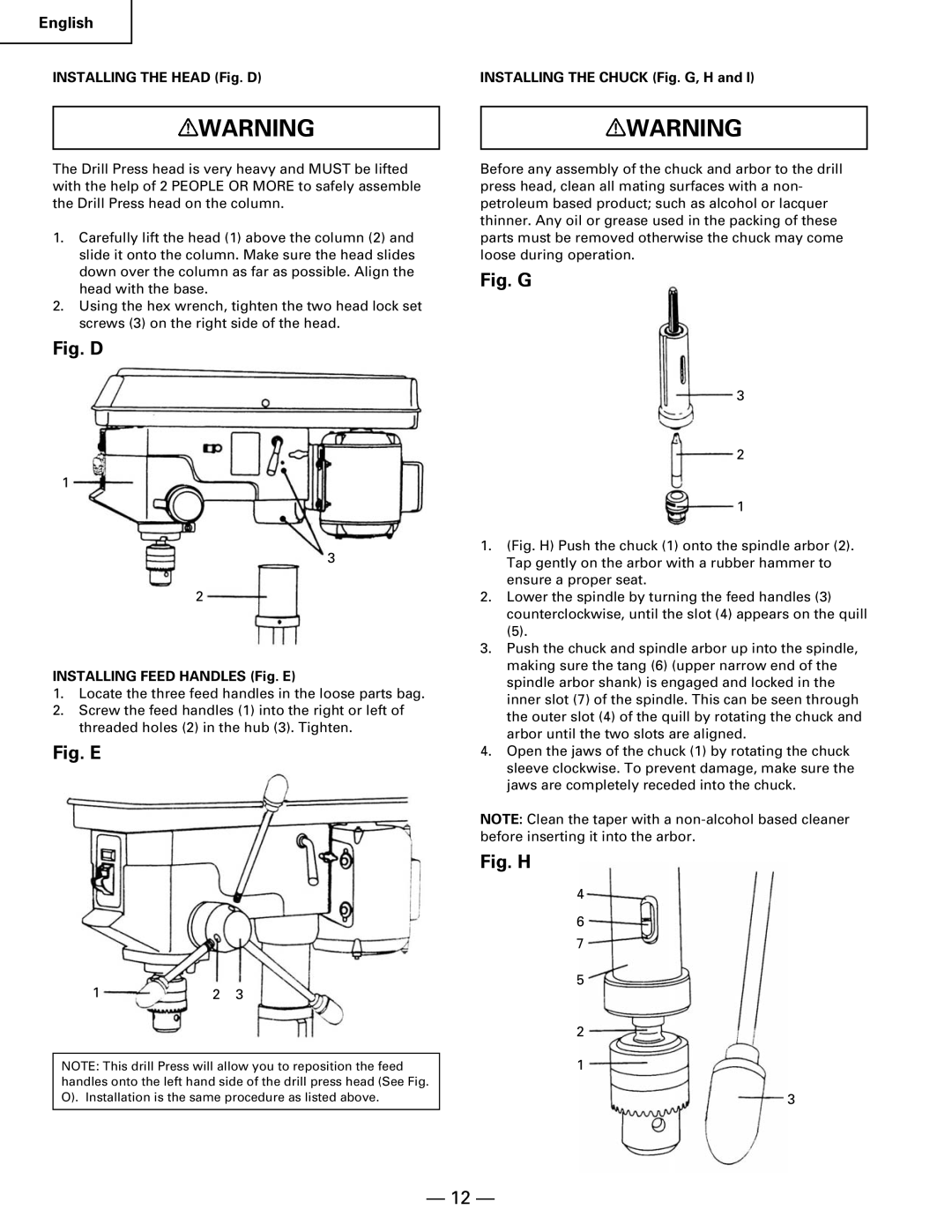 Hitachi B 16RM Installing the Head Fig. D, Installing Feed Handles Fig. E, Installing the Chuck Fig. G, H 