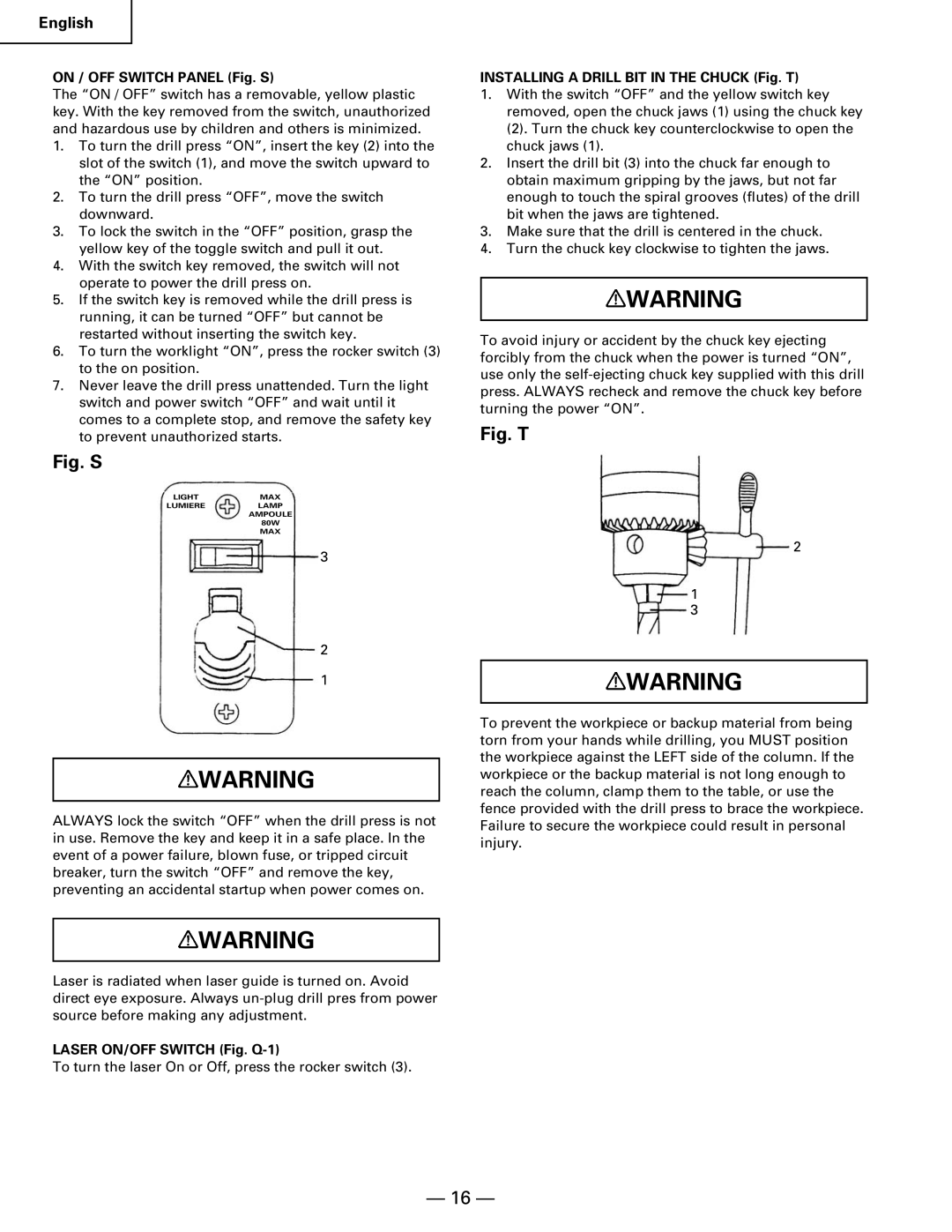 Hitachi B 16RM On / OFF Switch Panel Fig. S, Laser ON/OFF Switch Fig. Q-1, Installing a Drill BIT in the Chuck Fig. T 