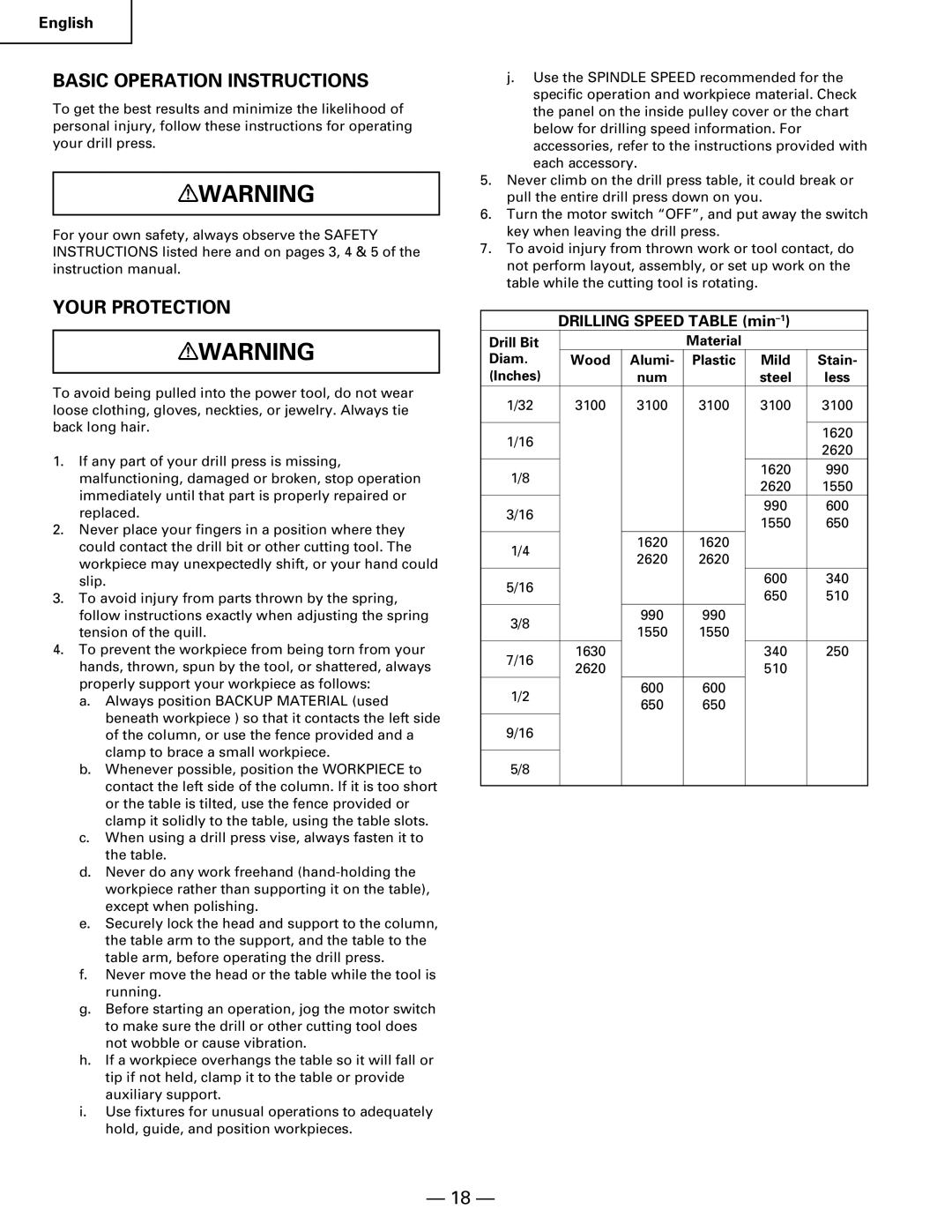 Hitachi B 16RM instruction manual Basic Operation Instructions, Your Protection, Drill Bit Material Diam Wood Alumi 