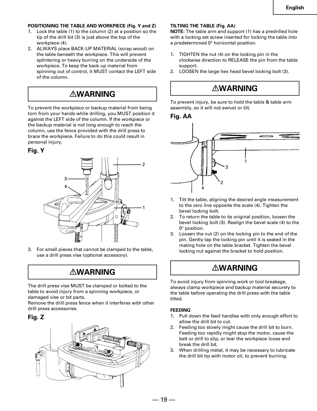 Hitachi B 16RM instruction manual Positioning the Table and Workpiece Fig. Y and Z, Tilting the Table Fig. AA, Feeding 