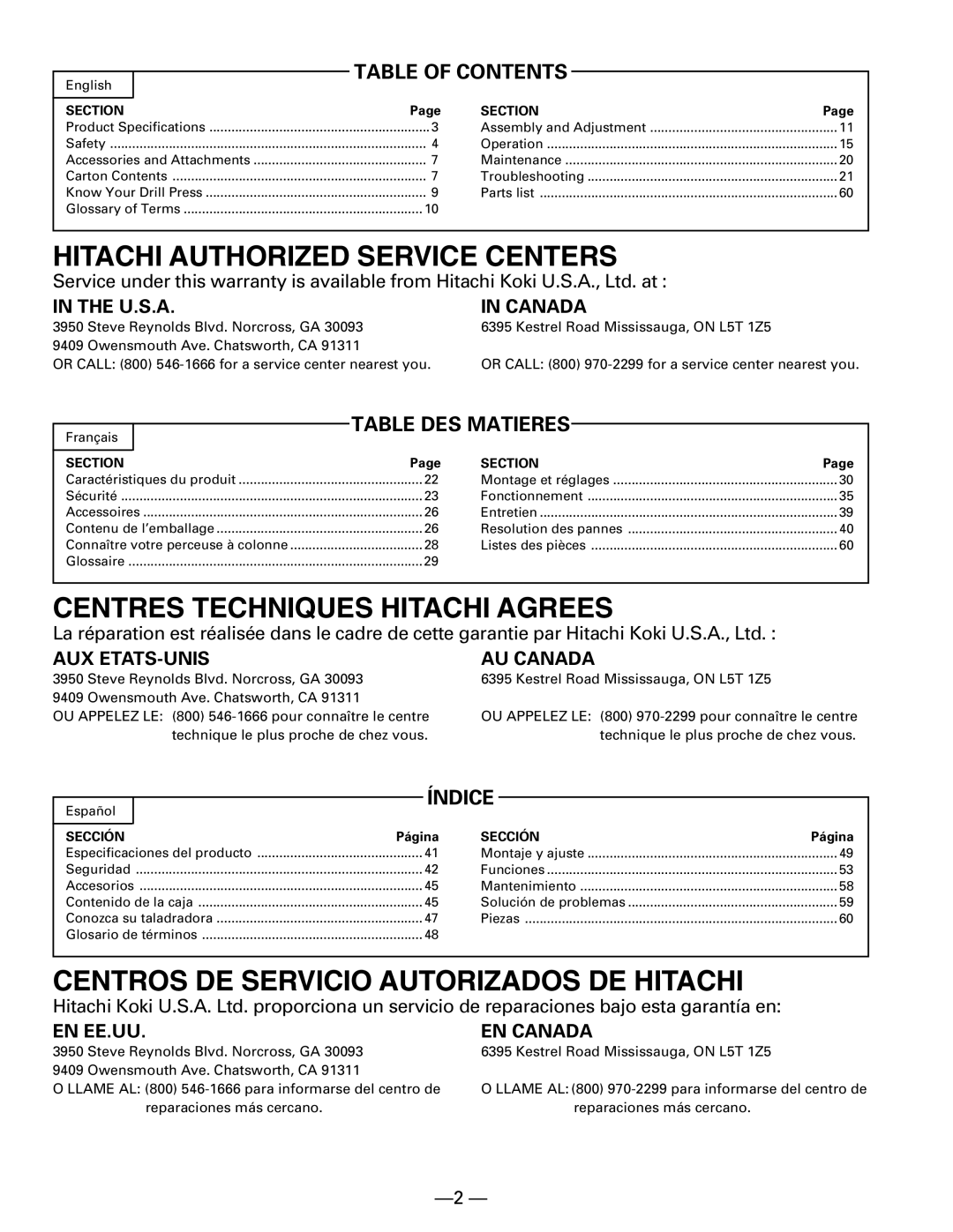 Hitachi B 16RM instruction manual Hitachi Authorized Service Centers 