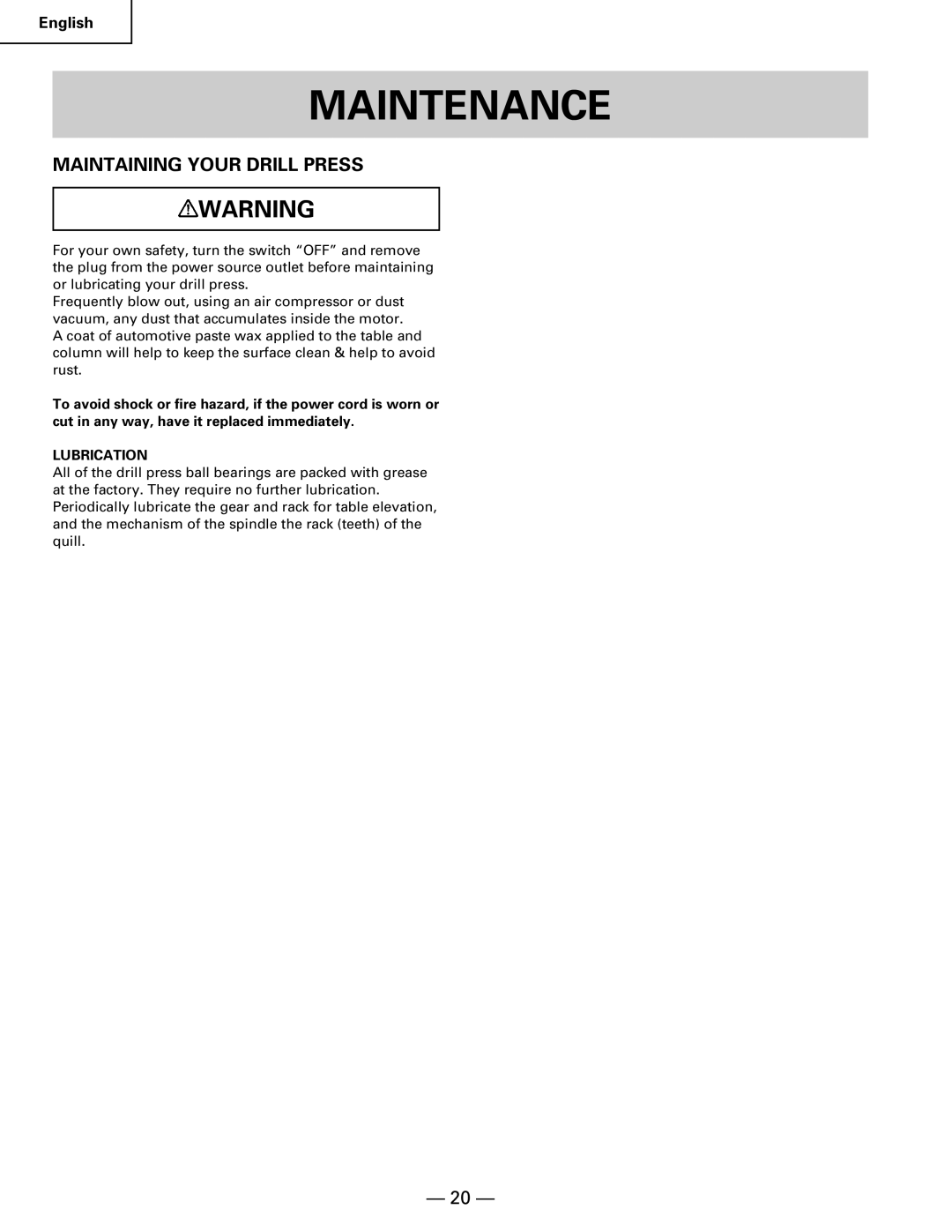 Hitachi B 16RM instruction manual Maintenance, Maintaining Your Drill Press, Lubrication 