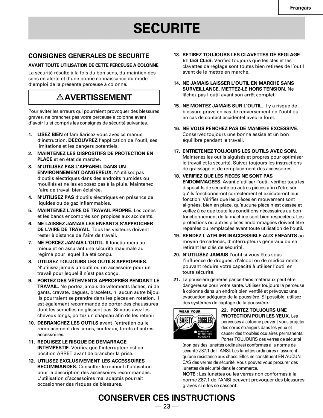 Hitachi B 16RM instruction manual Consignes Generales DE Securite, Avant Toute Utilisation DE Cette Perceuse a Colonne 