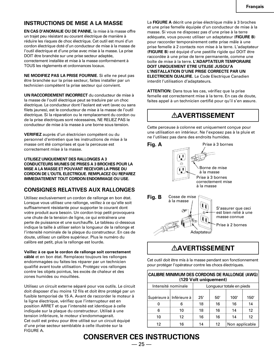 Hitachi B 16RM instruction manual Instructions DE Mise a LA Masse, Consignes Relatives AUX Rallonges 