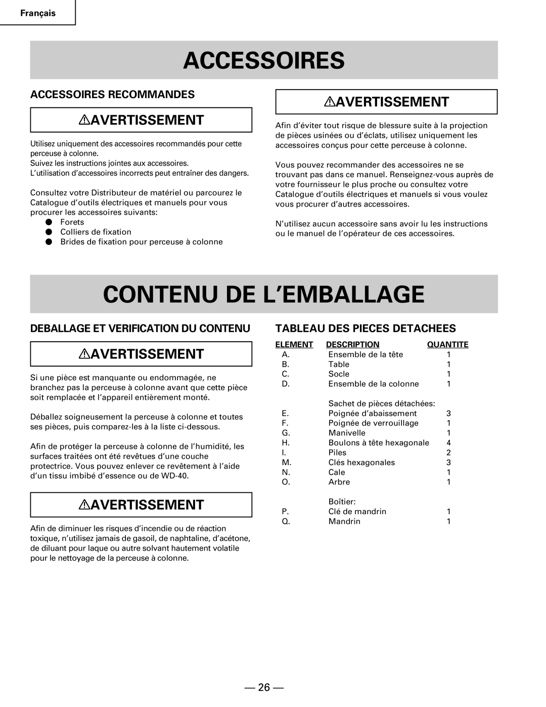 Hitachi B 16RM instruction manual Contenu DE L’EMBALLAGE, Accessoires Recommandes, Deballage ET Verification DU Contenu 