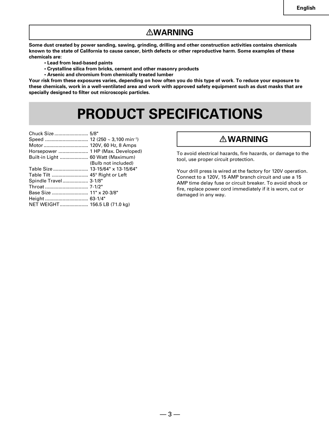 Hitachi B 16RM instruction manual Product Specifications, English 