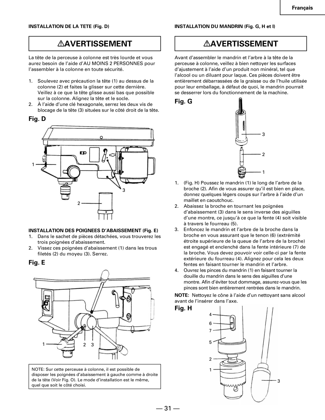 Hitachi B 16RM instruction manual Fig. D, Installation DES Poignees D’ABAISSEMENT Fig. E 