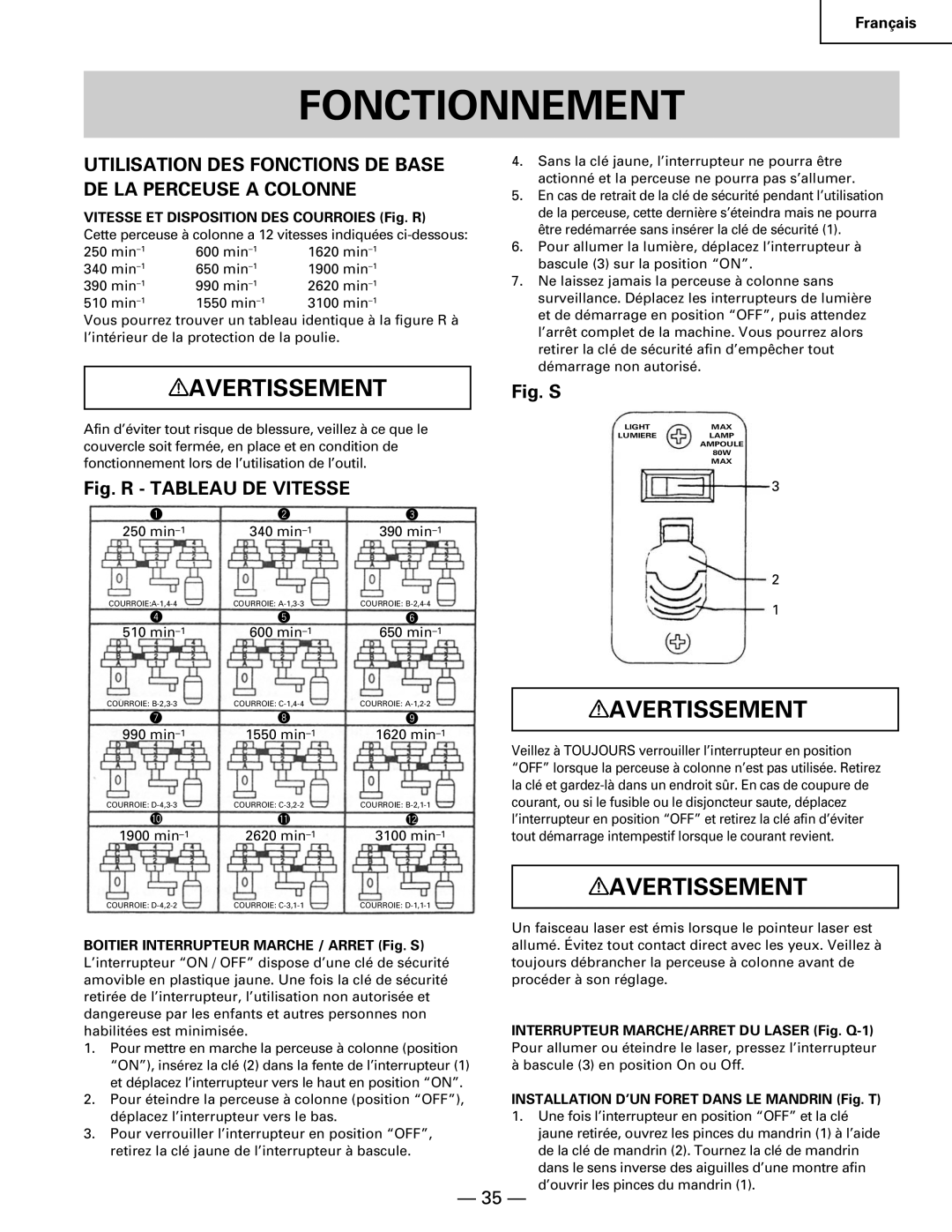 Hitachi B 16RM instruction manual Fonctionnement, Utilisation DES Fonctions DE Base DE LA Perceuse a Colonne 