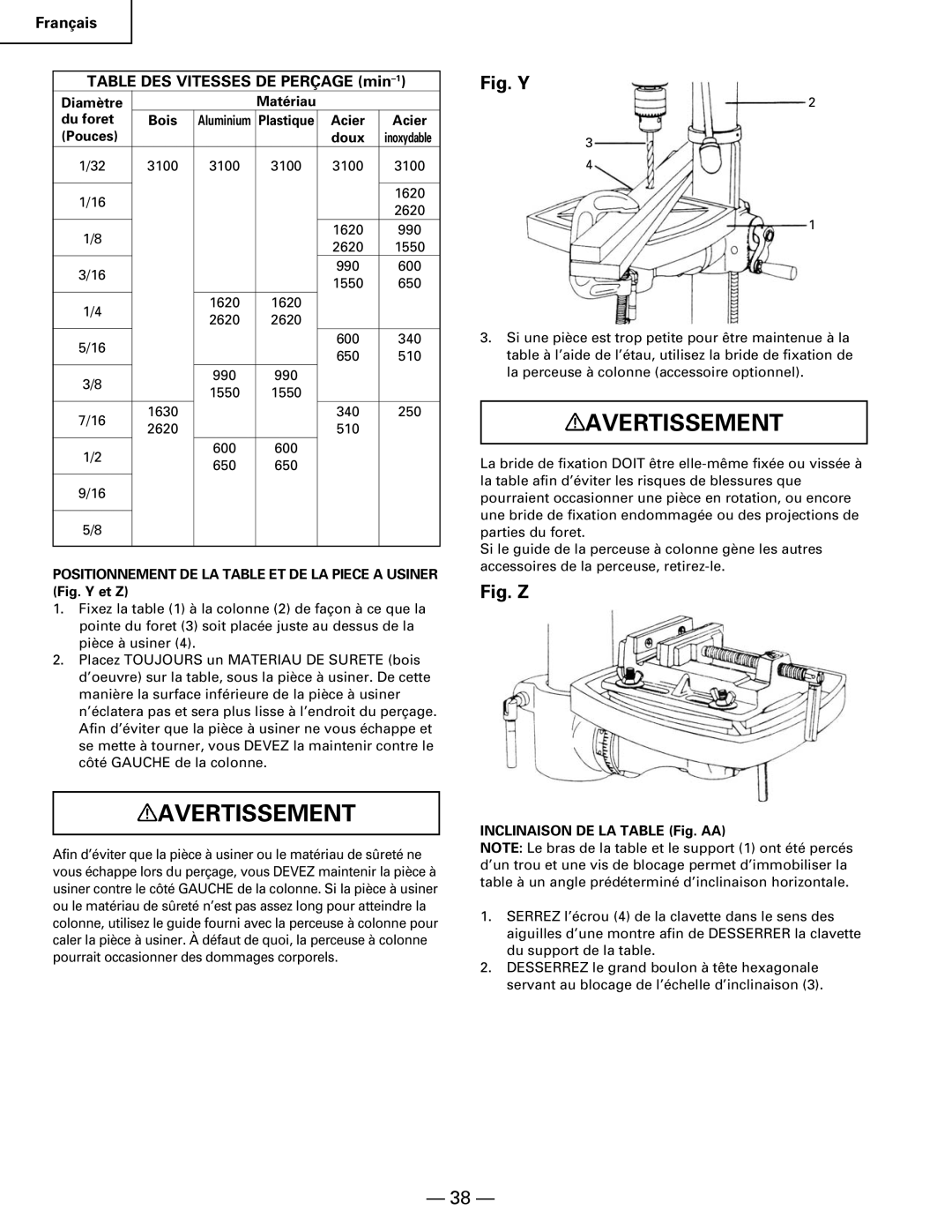 Hitachi B 16RM instruction manual Diamètre Matériau Du foret Bois, Acier Pouces Doux, Inclinaison DE LA Table Fig. AA 