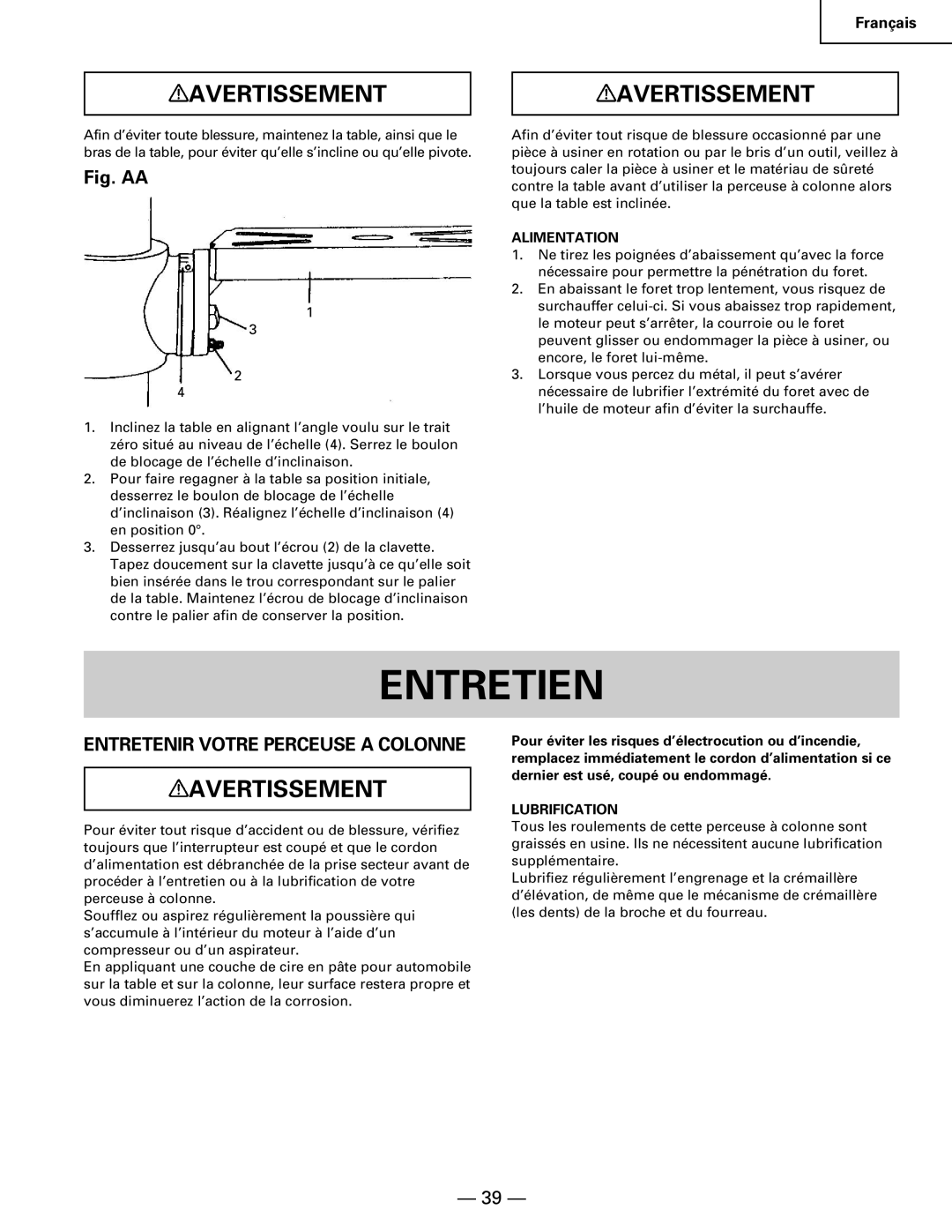 Hitachi B 16RM instruction manual Entretien, Entretenir Votre Perceuse a Colonne, Alimentation, Lubrification 