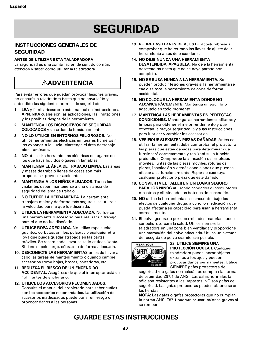 Hitachi B 16RM instruction manual Instrucciones Generales DE Seguridad, Antes DE Utilizar Esta Taladradora 