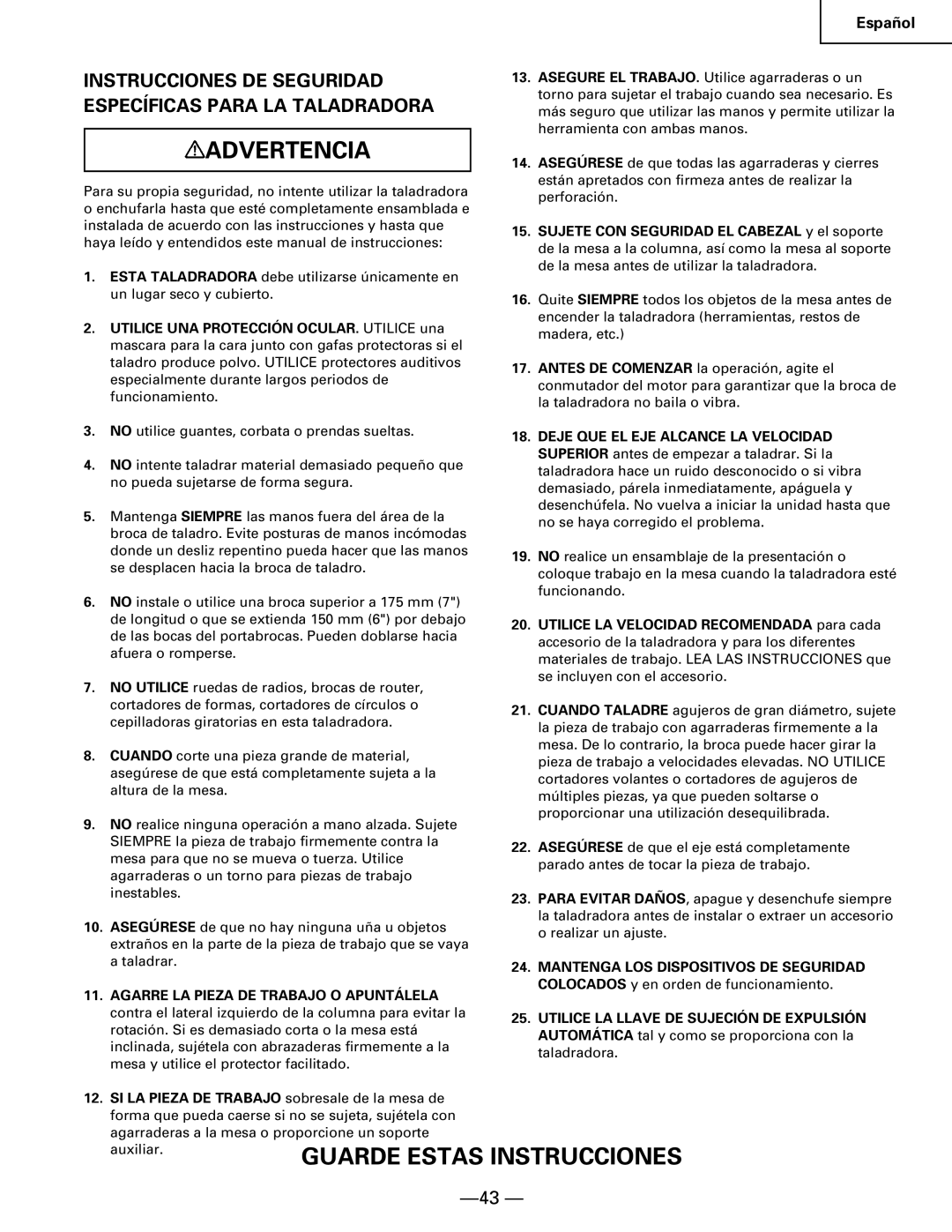 Hitachi B 16RM instruction manual Instrucciones DE Seguridad Específicas Para LA Taladradora 