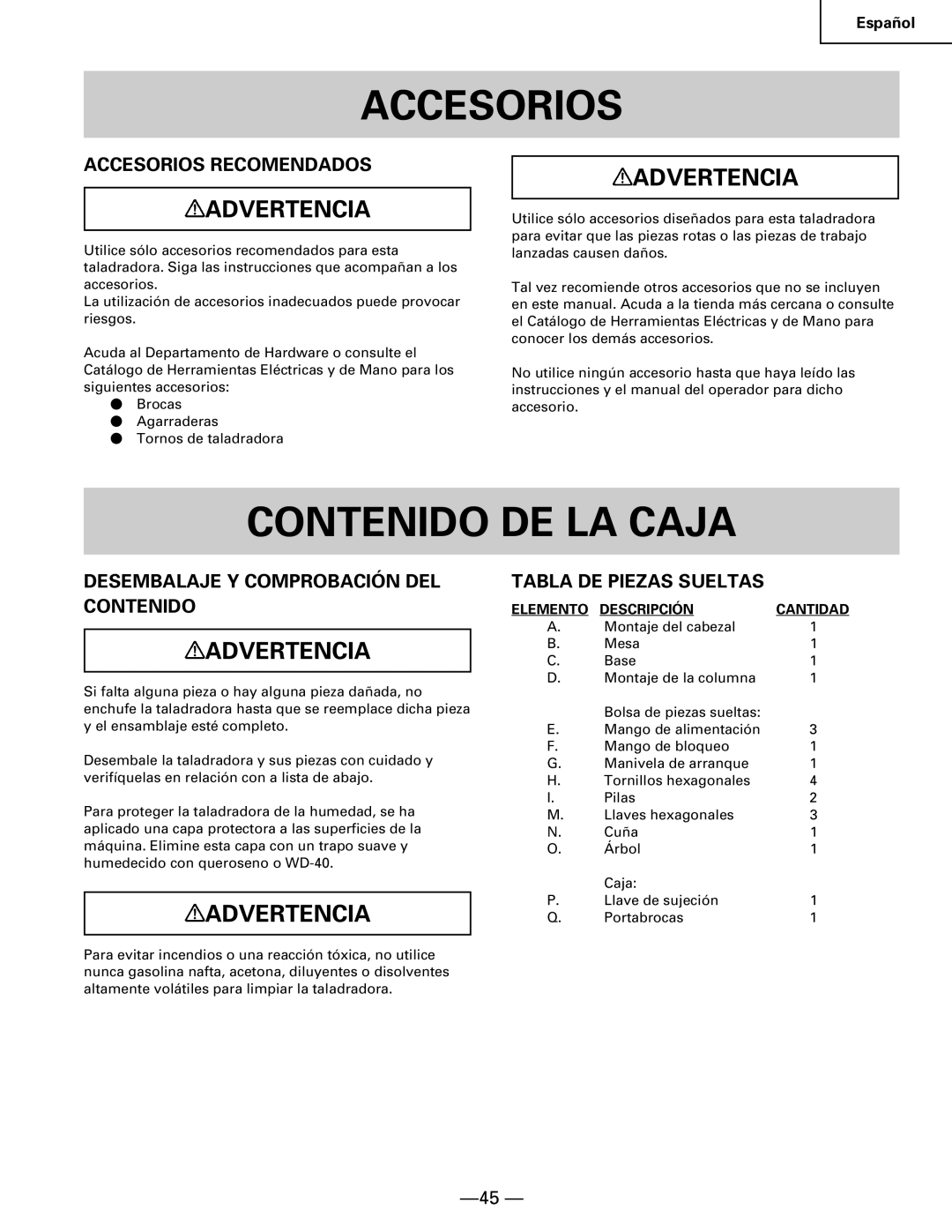 Hitachi B 16RM Contenido DE LA Caja, Accesorios Recomendados, Desembalaje Y Comprobación DEL Contenido 