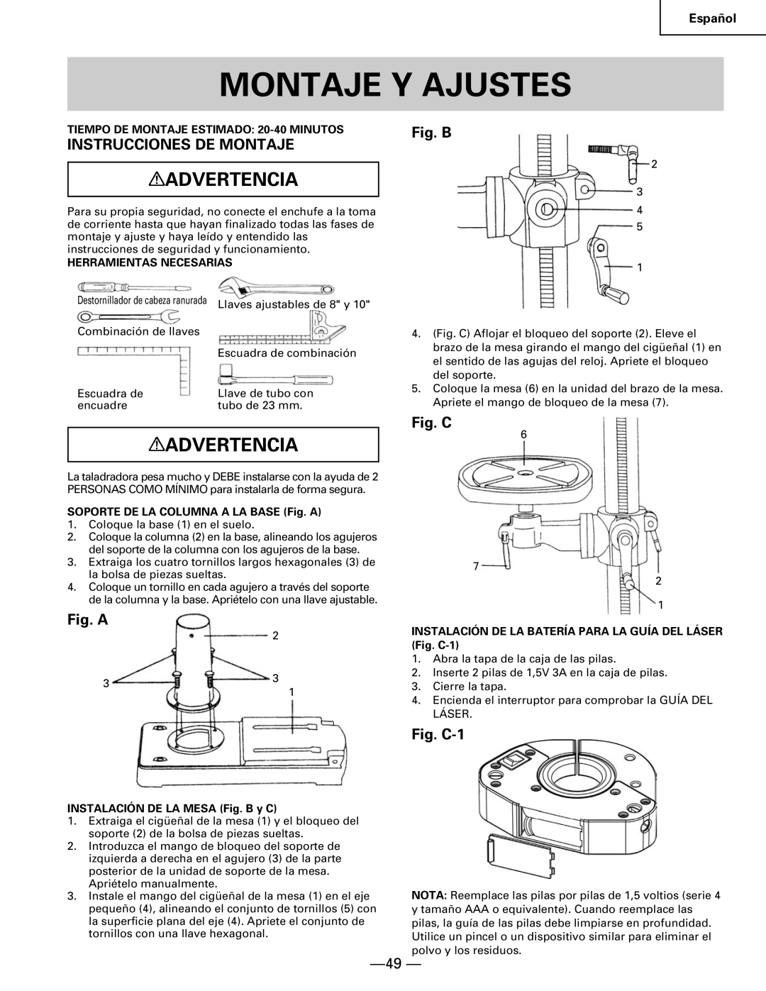 Hitachi B 16RM instruction manual Montaje Y Ajustes, Instrucciones DE Montaje, Tiempo DE Montaje Estimado 20-40 Minutos 