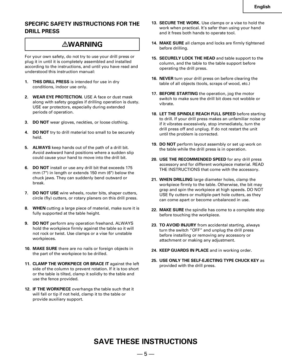 Hitachi B 16RM instruction manual Specific Safety Instructions for the Drill Press 