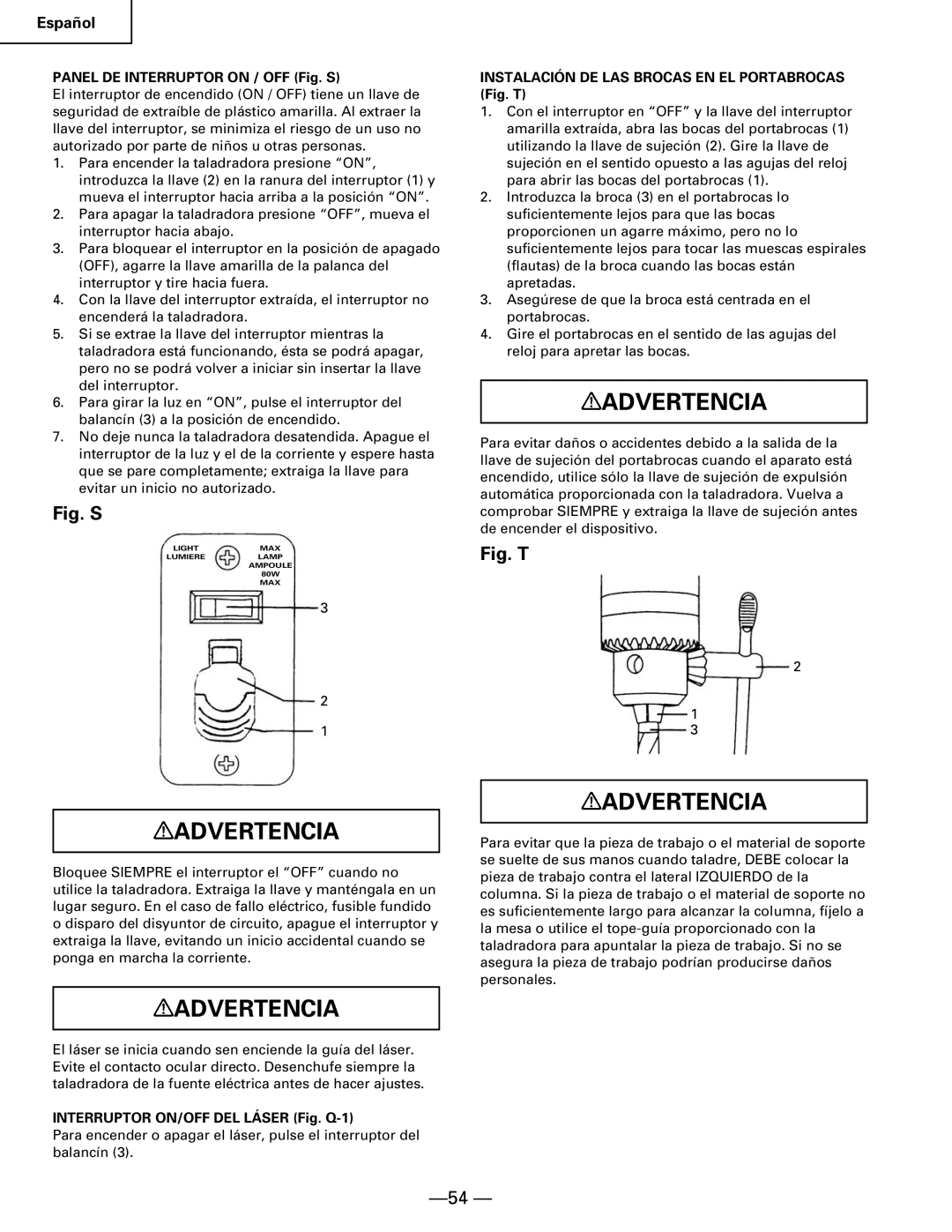 Hitachi B 16RM instruction manual Panel DE Interruptor on / OFF Fig. S, Interruptor ON/OFF DEL Láser Fig. Q-1 