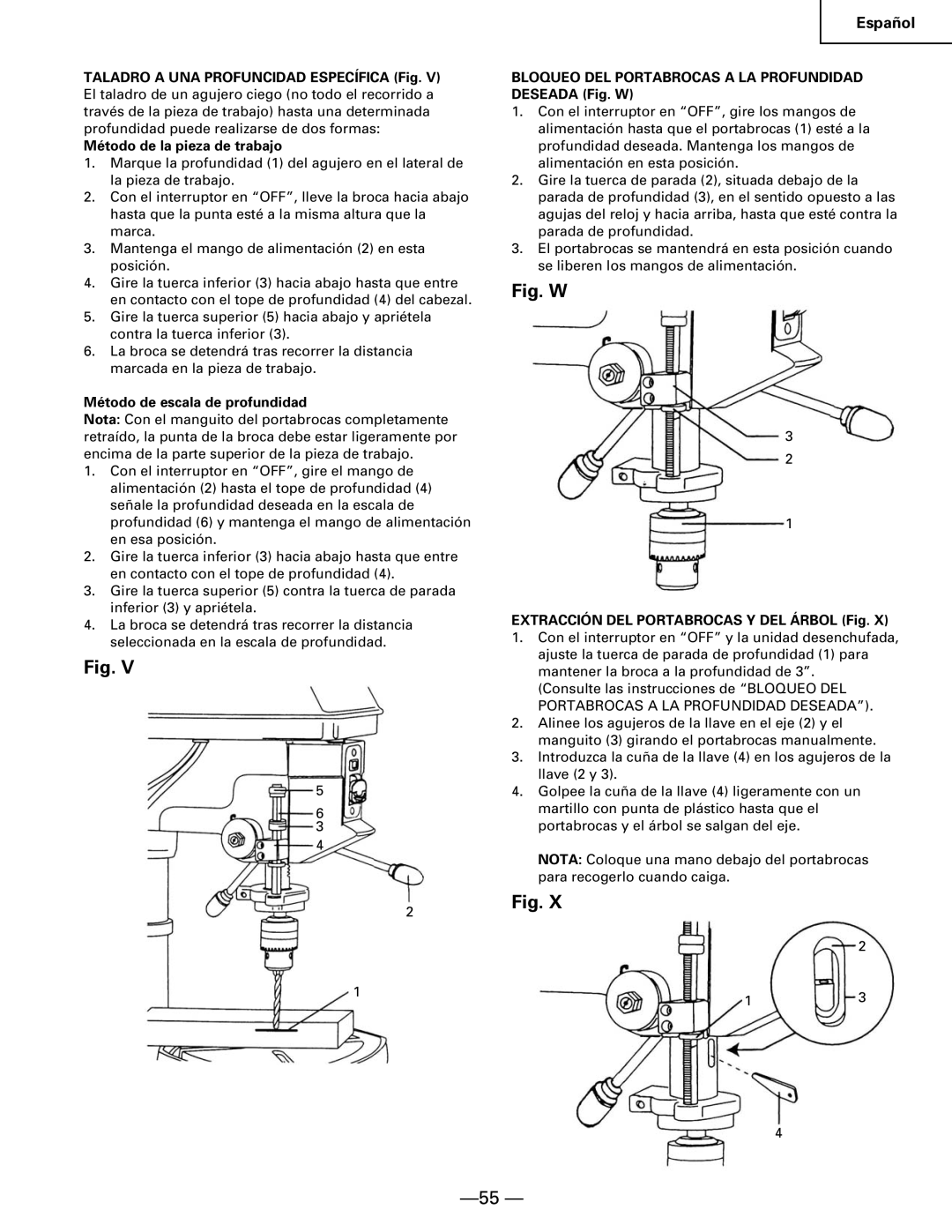 Hitachi B 16RM instruction manual Método de escala de profundidad, Bloqueo DEL Portabrocas a LA Profundidad Deseada Fig. W 